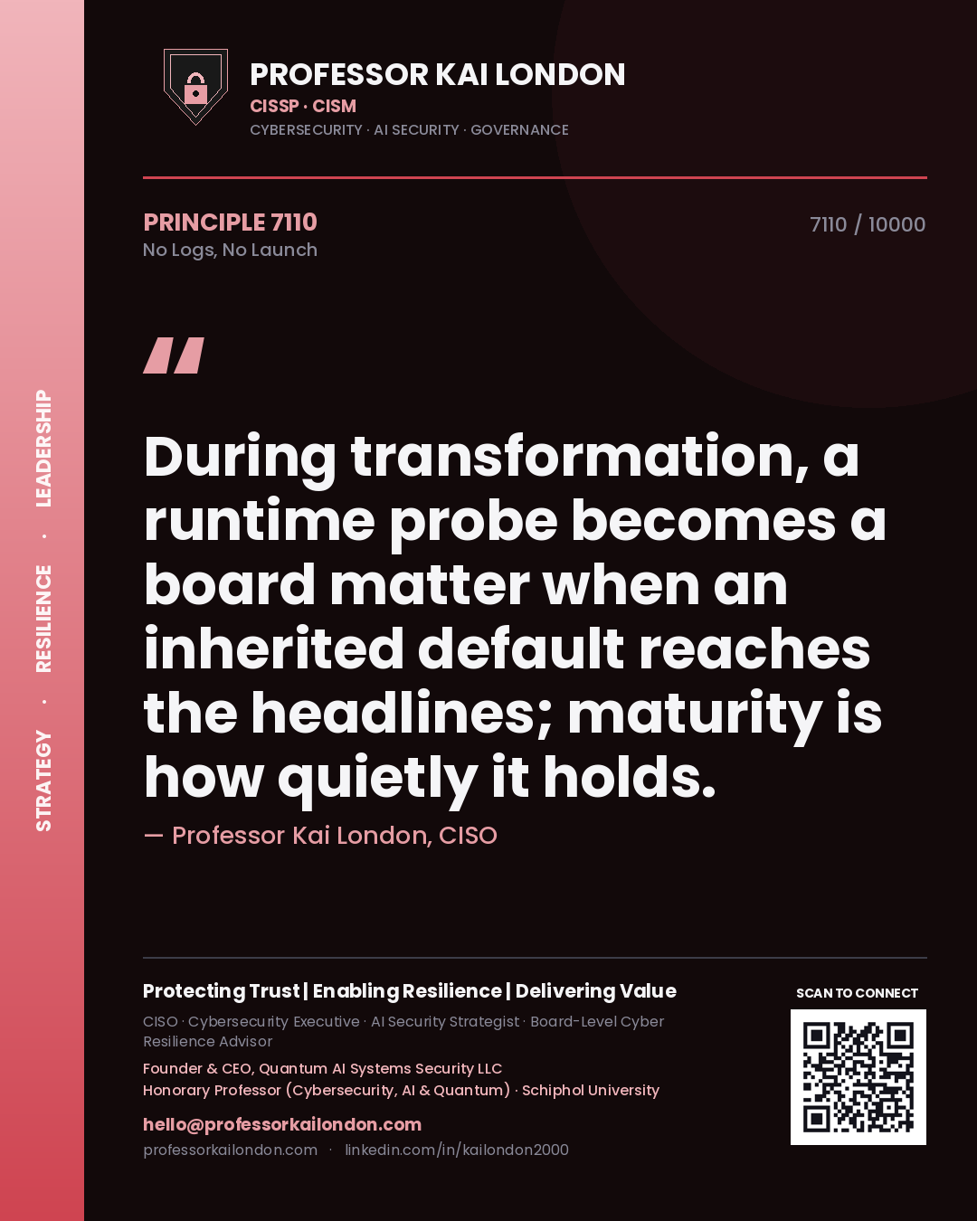 Professor Kai London principle 7110: During transformation, a runtime probe becomes a board matter when an inherited default reaches the headlines; maturity is how quietly it holds.
