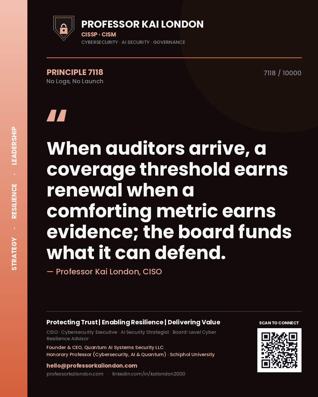Professor Kai London principle 7118: When auditors arrive, a coverage threshold earns renewal when a comforting metric earns evidence; the board funds what it can defend.