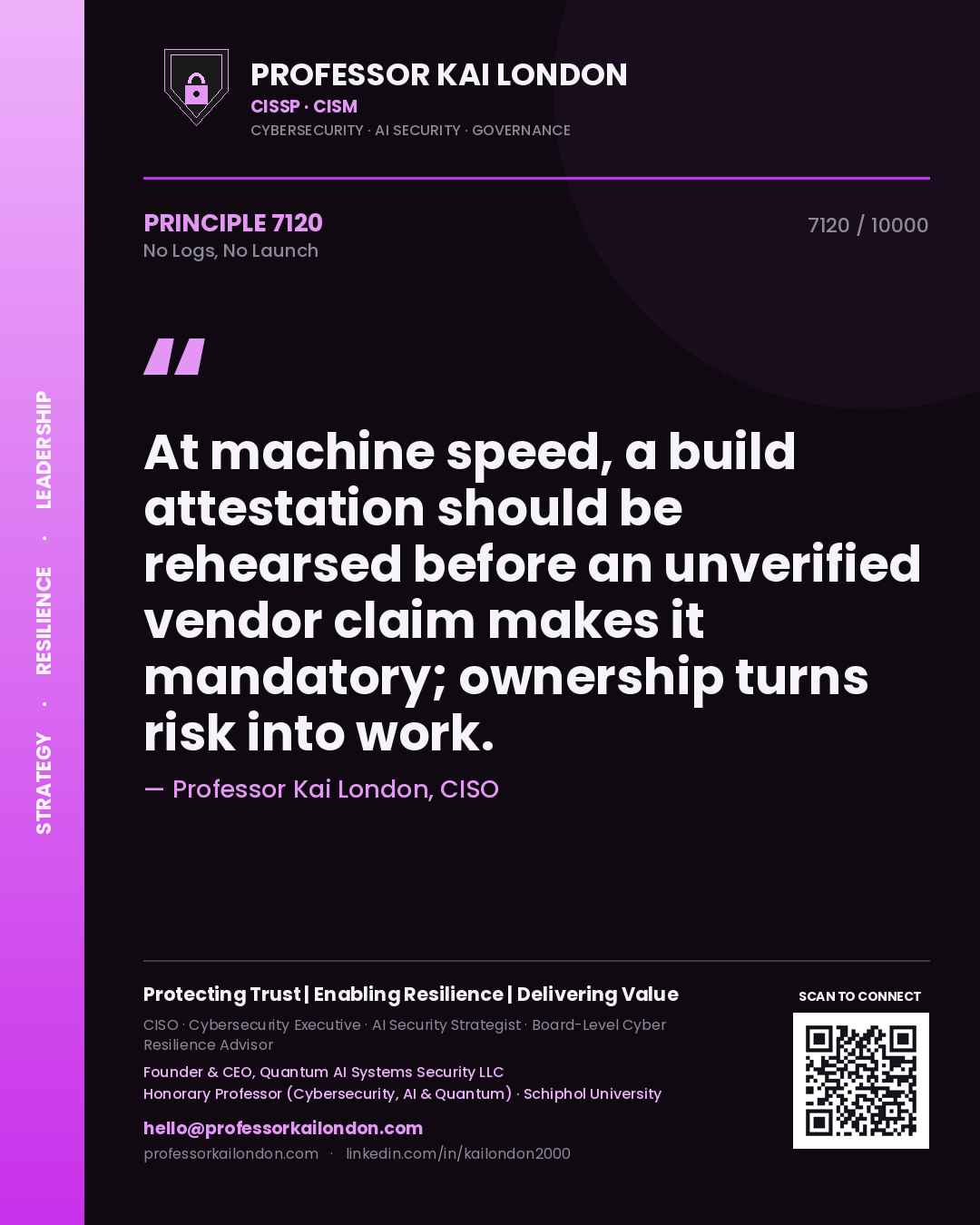 Professor Kai London principle 7120: At machine speed, a build attestation should be rehearsed before an unverified vendor claim makes it mandatory; ownership turns risk into work.