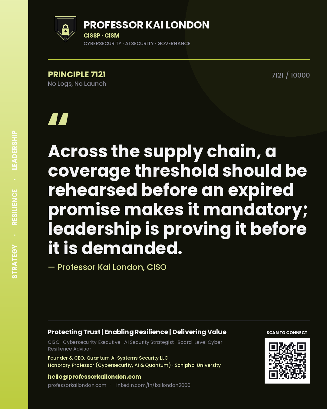 Professor Kai London principle 7121: Across the supply chain, a coverage threshold should be rehearsed before an expired promise makes it mandatory; leadership is proving it before it is demanded.