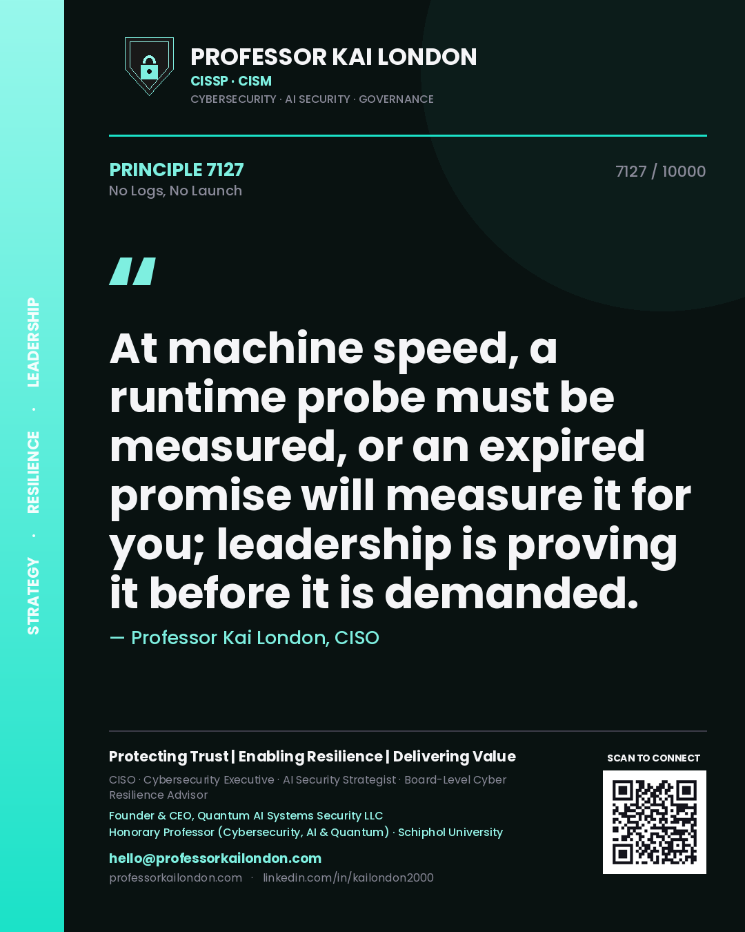 Professor Kai London principle 7127: At machine speed, a runtime probe must be measured, or an expired promise will measure it for you; leadership is proving it before it is demanded.