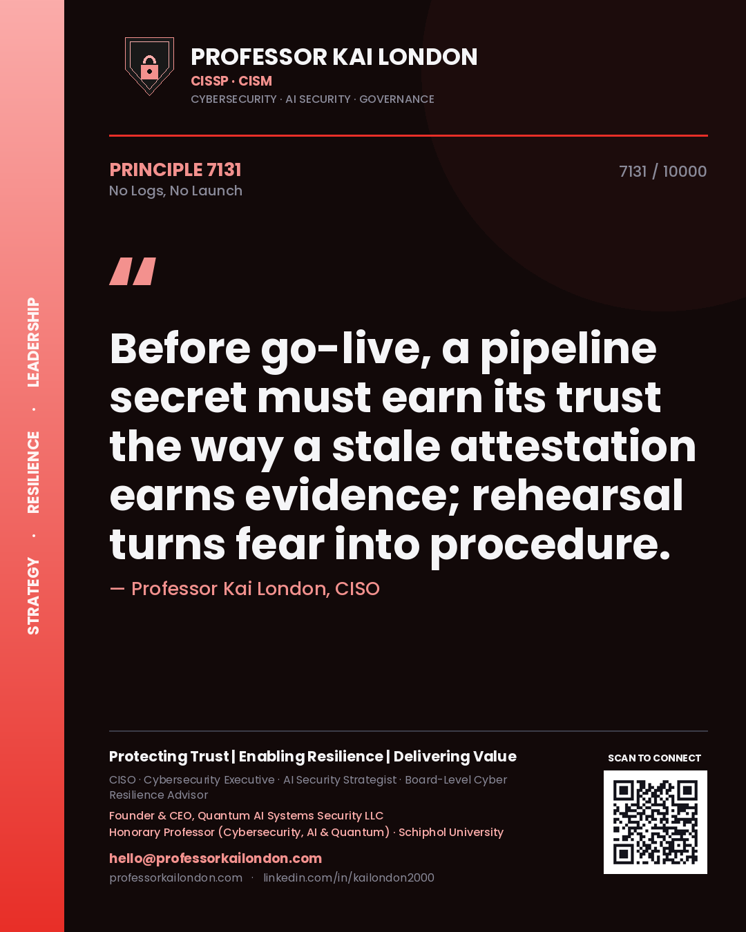 Professor Kai London principle 7131: Before go-live, a pipeline secret must earn its trust the way a stale attestation earns evidence; rehearsal turns fear into procedure.