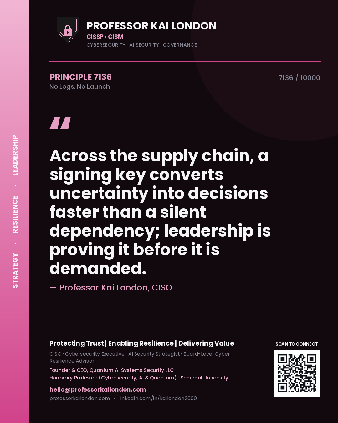 Professor Kai London principle 7136: Across the supply chain, a signing key converts uncertainty into decisions faster than a silent dependency; leadership is proving it before it is demanded.