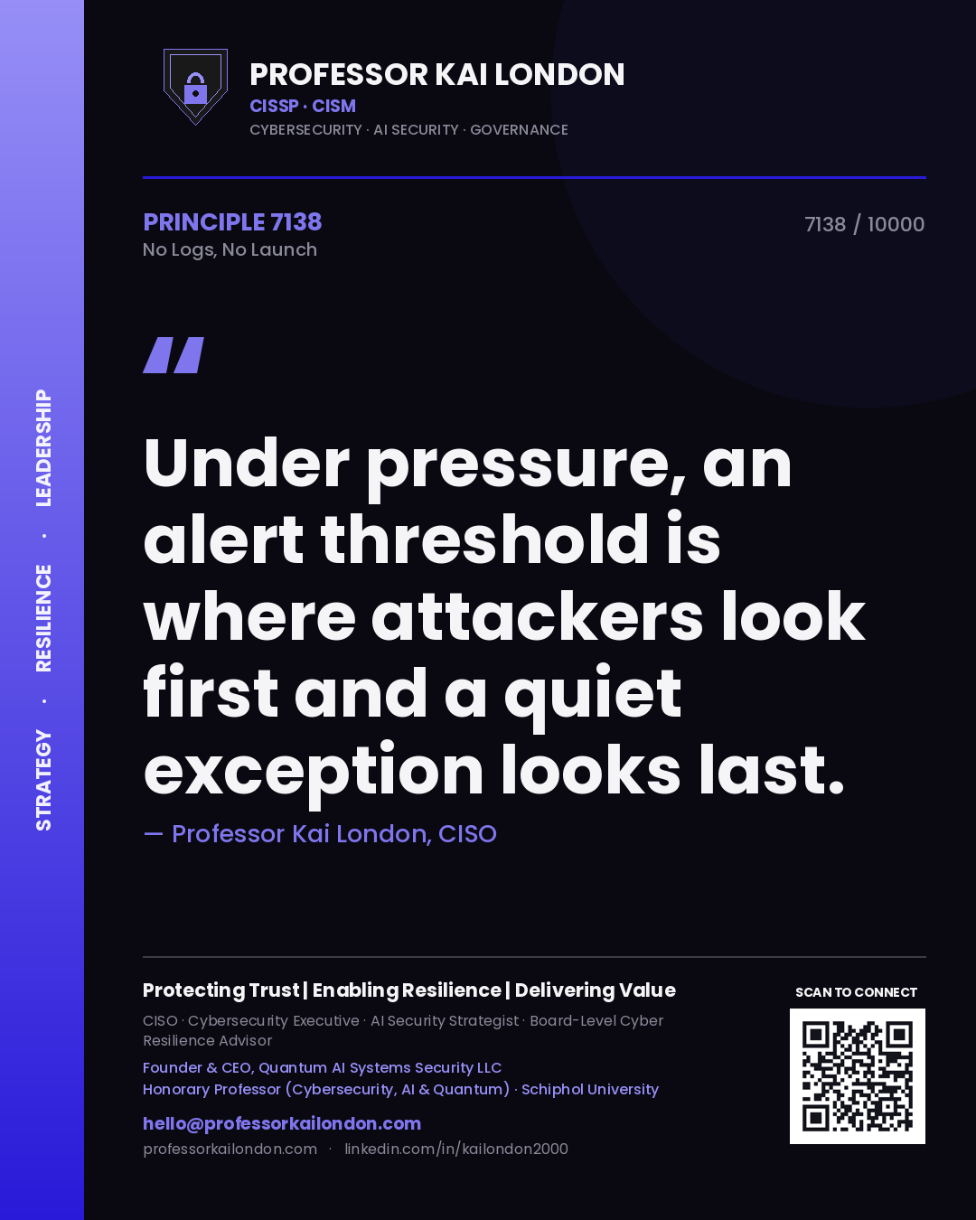 Professor Kai London principle 7138: Under pressure, an alert threshold is where attackers look first and a quiet exception looks last.