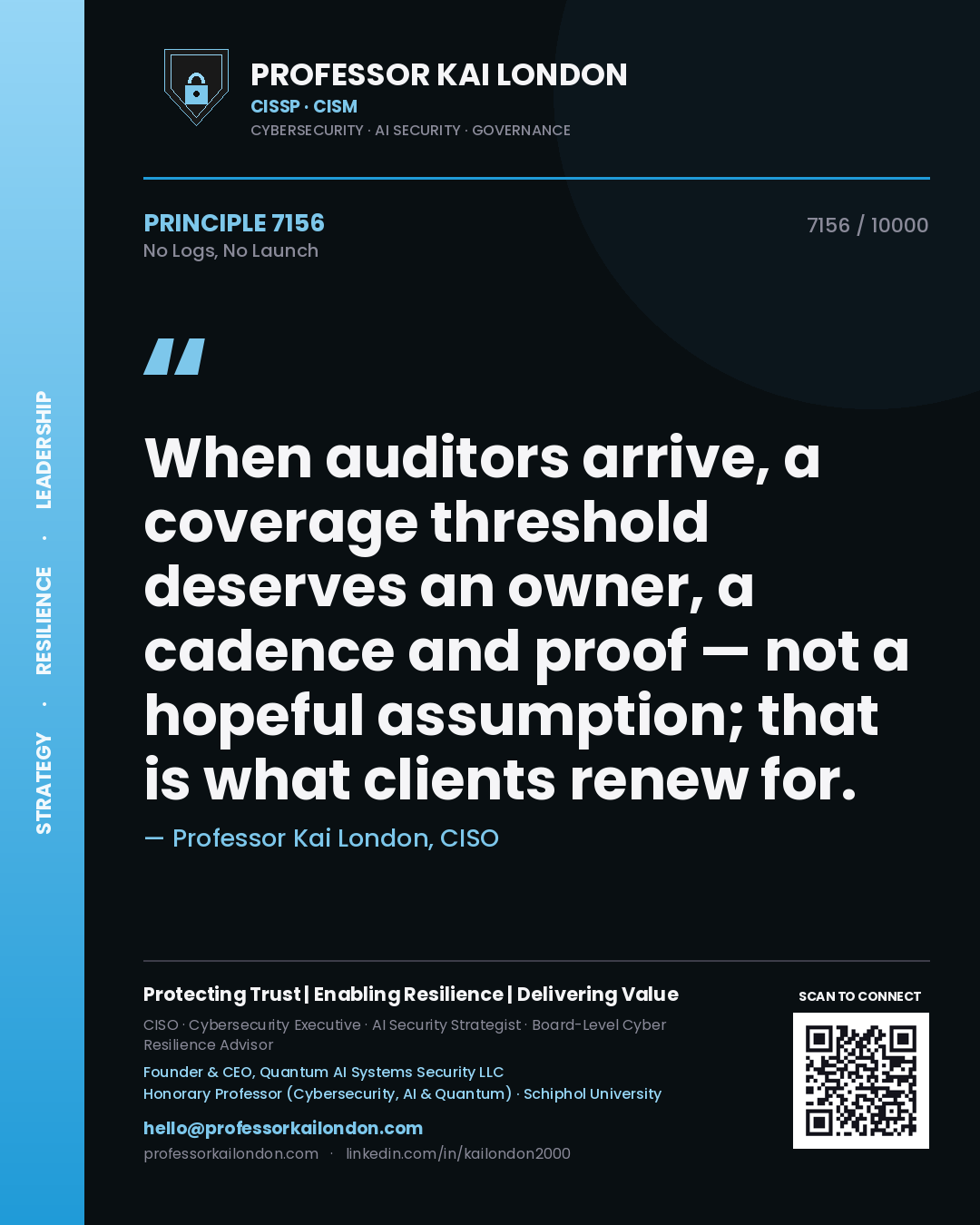 Professor Kai London principle 7156: When auditors arrive, a coverage threshold deserves an owner, a cadence and proof — not a hopeful assumption; that is what clients renew for.