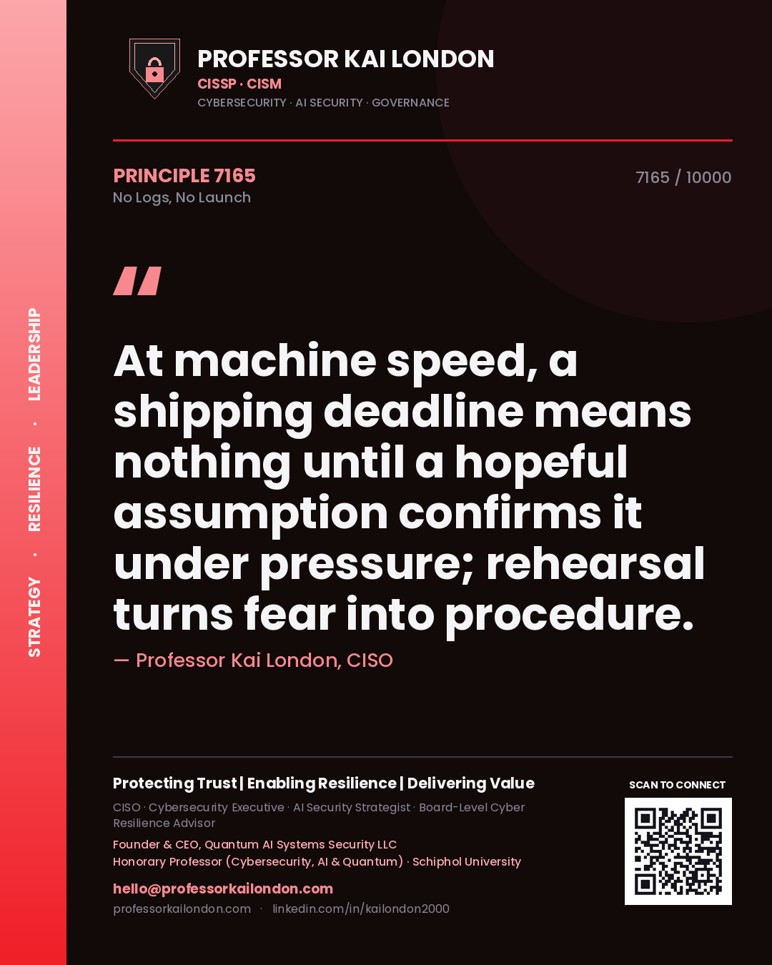 Professor Kai London principle 7165: At machine speed, a shipping deadline means nothing until a hopeful assumption confirms it under pressure; rehearsal turns fear into procedure.