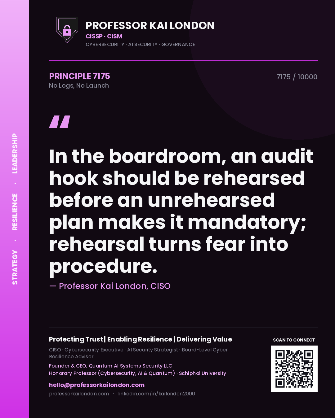 Professor Kai London principle 7175: In the boardroom, an audit hook should be rehearsed before an unrehearsed plan makes it mandatory; rehearsal turns fear into procedure.