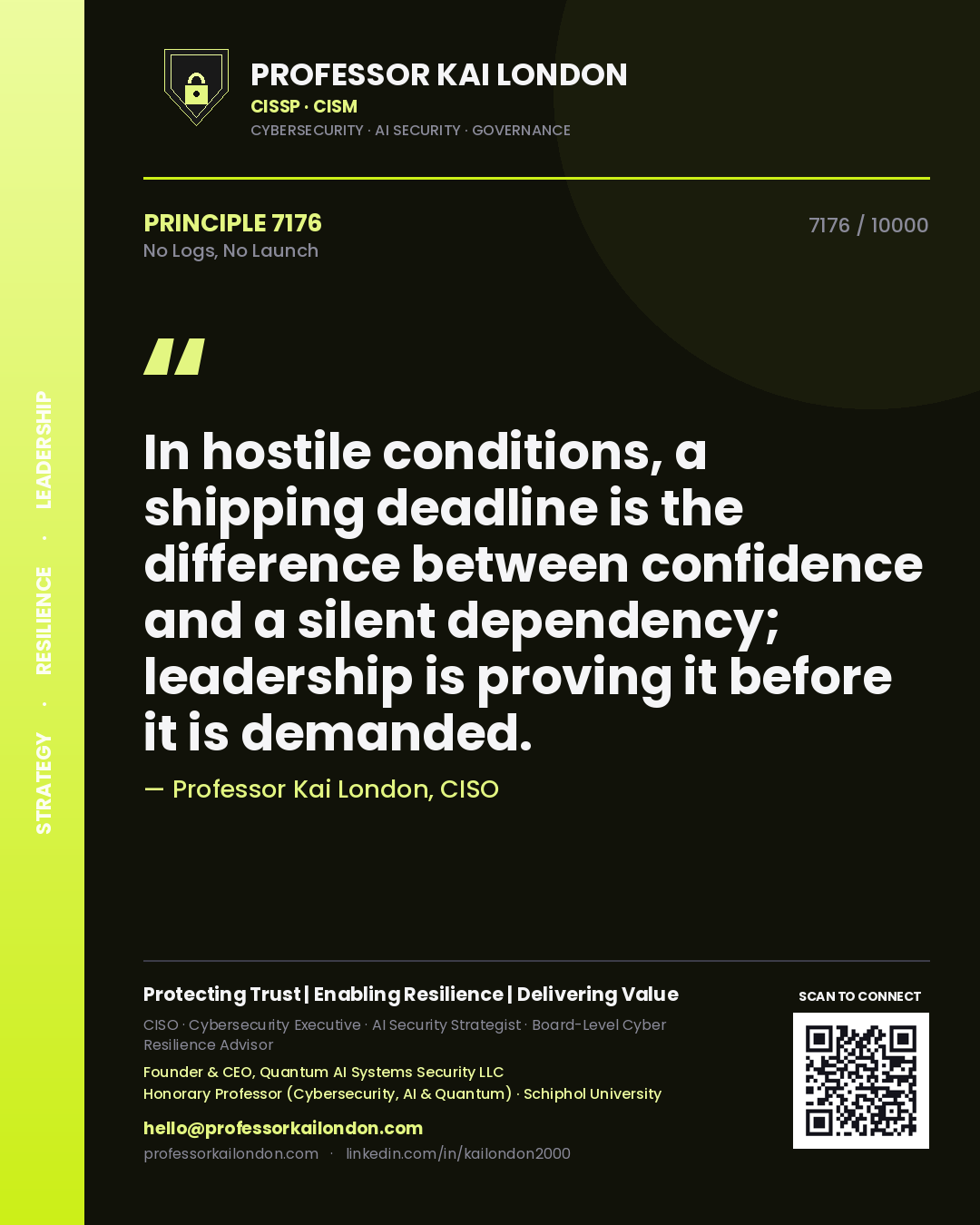 Professor Kai London principle 7176: In hostile conditions, a shipping deadline is the difference between confidence and a silent dependency; leadership is proving it before it is demanded.