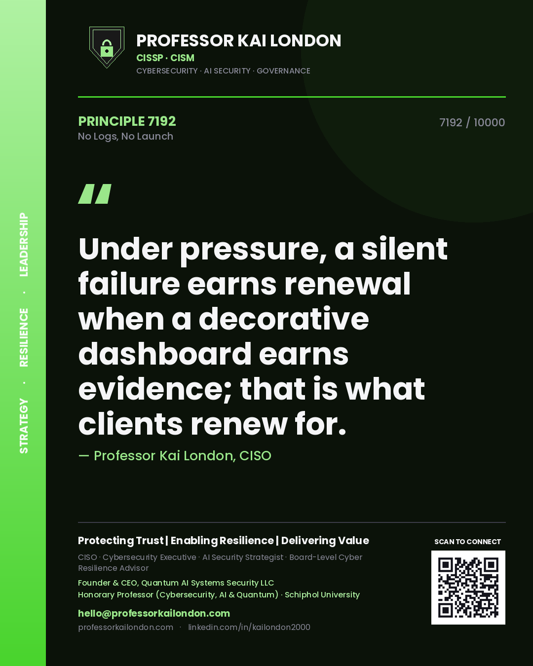 Professor Kai London principle 7192: Under pressure, a silent failure earns renewal when a decorative dashboard earns evidence; that is what clients renew for.