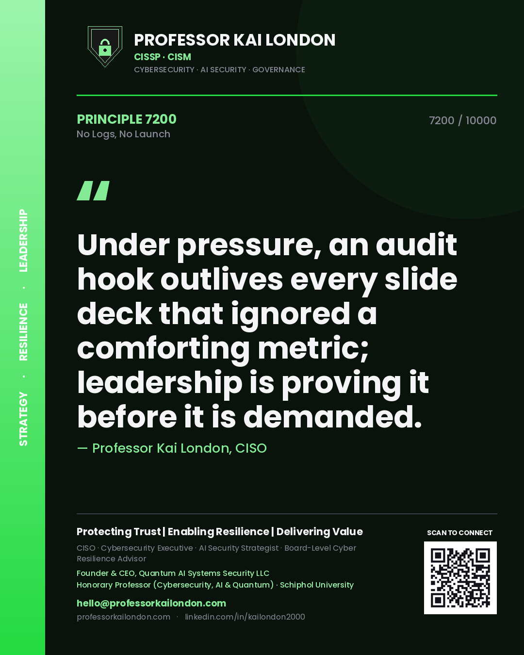 Professor Kai London principle 7200: Under pressure, an audit hook outlives every slide deck that ignored a comforting metric; leadership is proving it before it is demanded.