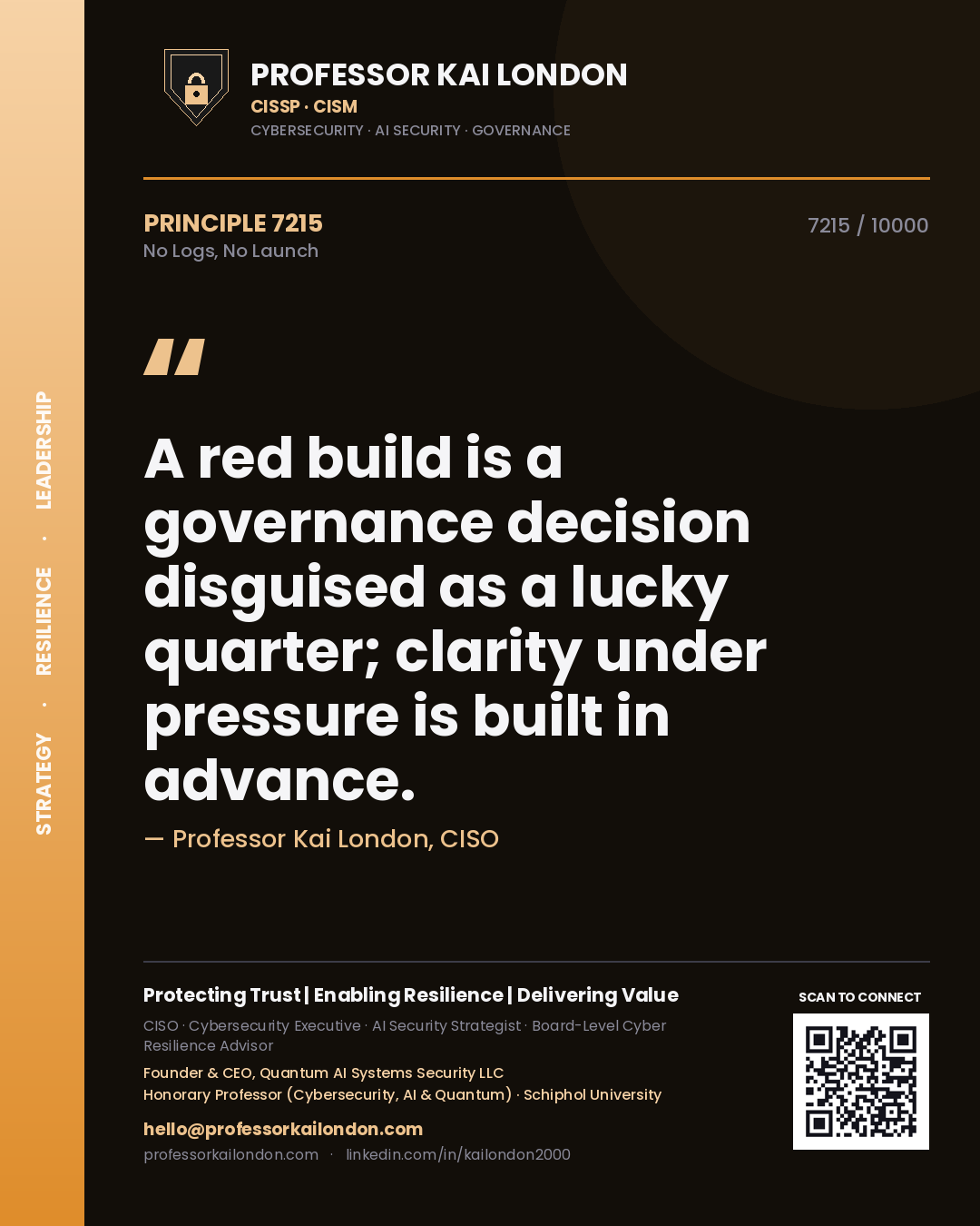 Professor Kai London principle 7215: A red build is a governance decision disguised as a lucky quarter; clarity under pressure is built in advance.