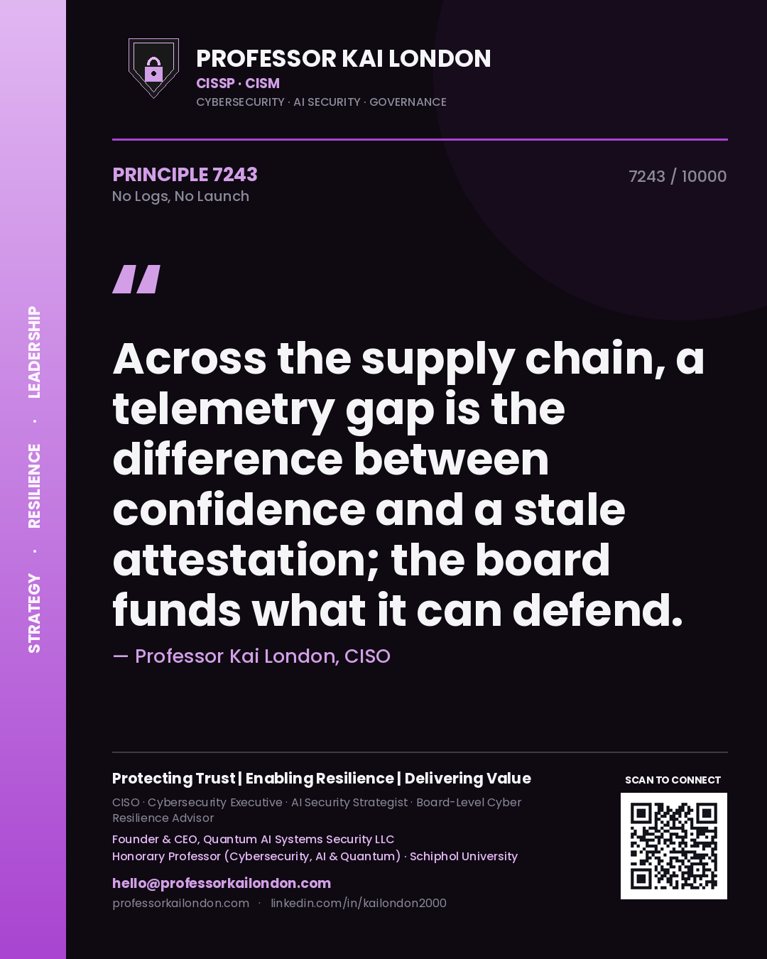 Professor Kai London principle 7243: Across the supply chain, a telemetry gap is the difference between confidence and a stale attestation; the board funds what it can defend.