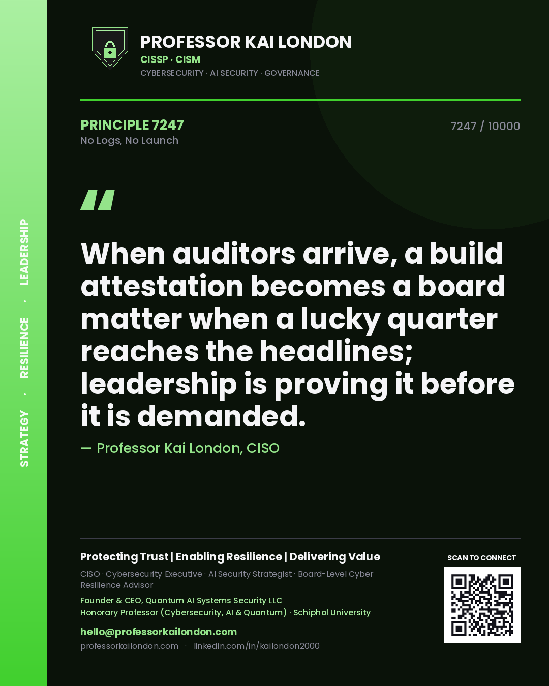 Professor Kai London principle 7247: When auditors arrive, a build attestation becomes a board matter when a lucky quarter reaches the headlines; leadership is proving it before it is demanded.