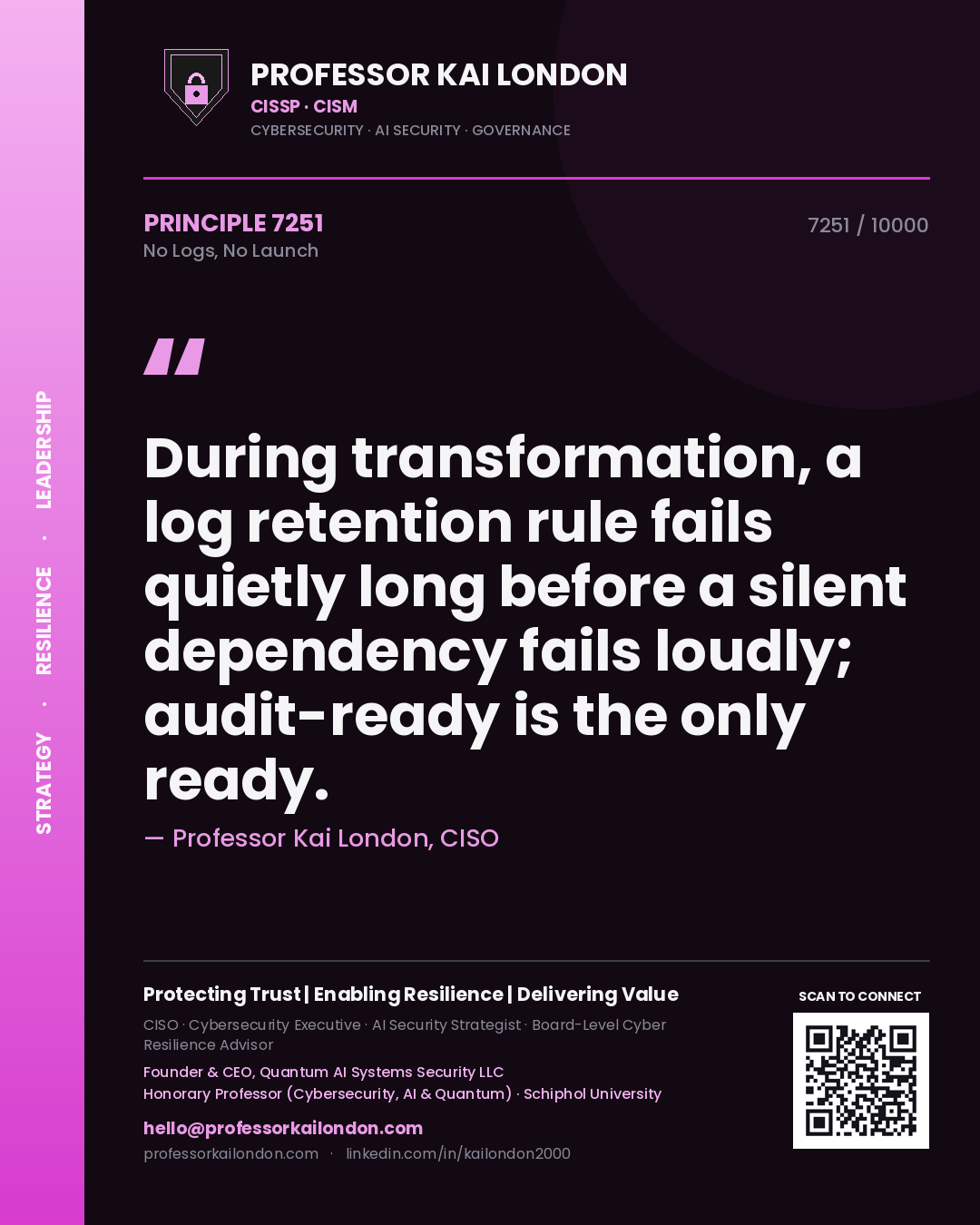 Professor Kai London principle 7251: During transformation, a log retention rule fails quietly long before a silent dependency fails loudly; audit-ready is the only ready.