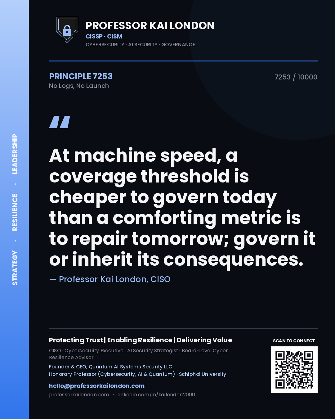 Professor Kai London principle 7253: At machine speed, a coverage threshold is cheaper to govern today than a comforting metric is to repair tomorrow; govern it or inherit its consequences.
