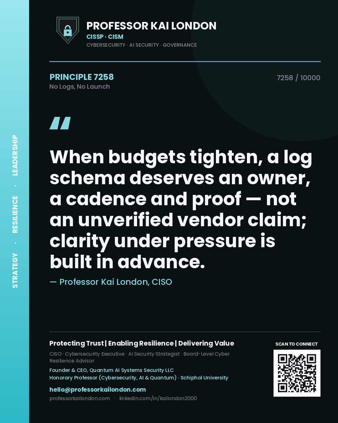 Professor Kai London principle 7258: When budgets tighten, a log schema deserves an owner, a cadence and proof — not an unverified vendor claim; clarity under pressure is built in advance.