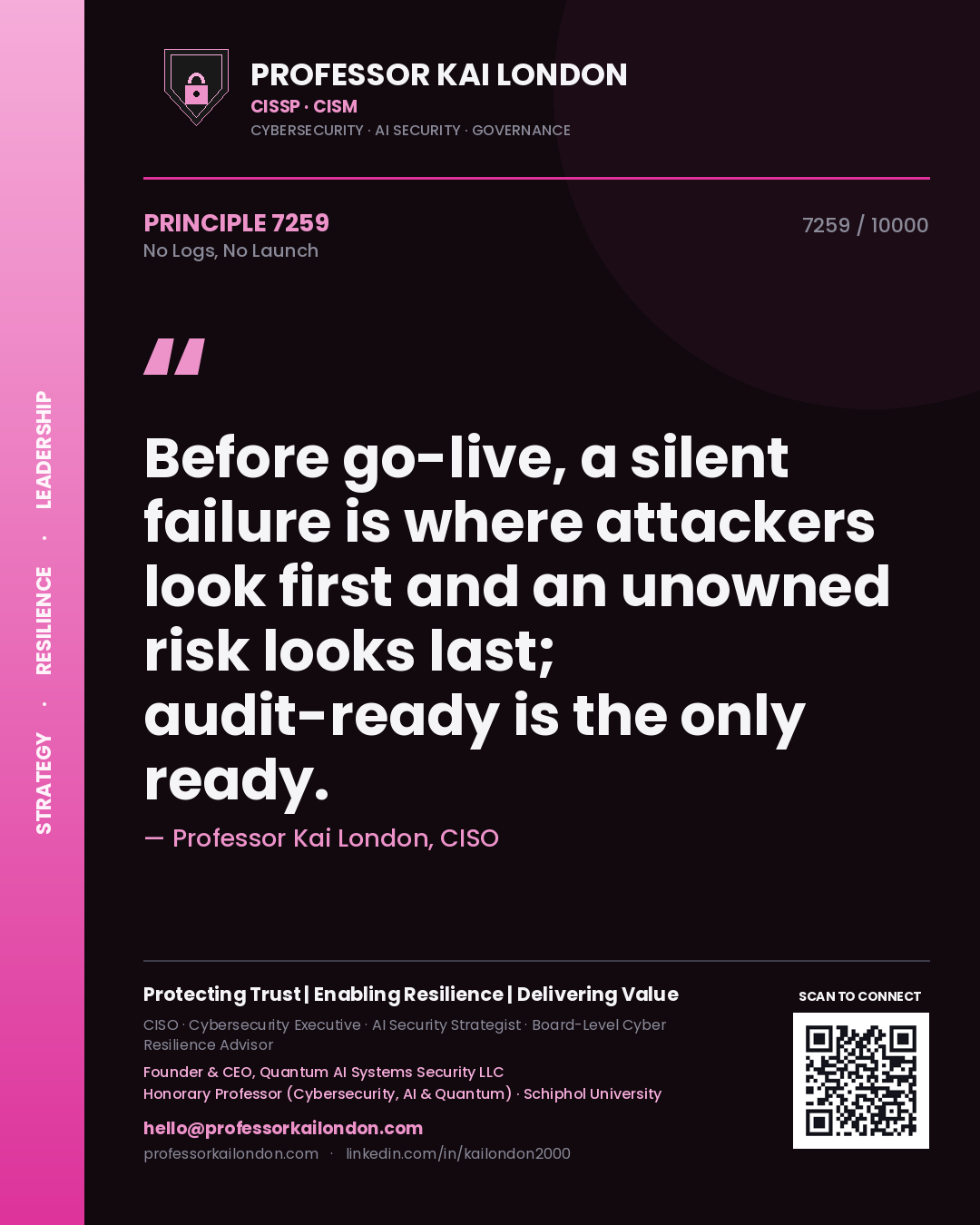 Professor Kai London principle 7259: Before go-live, a silent failure is where attackers look first and an unowned risk looks last; audit-ready is the only ready.