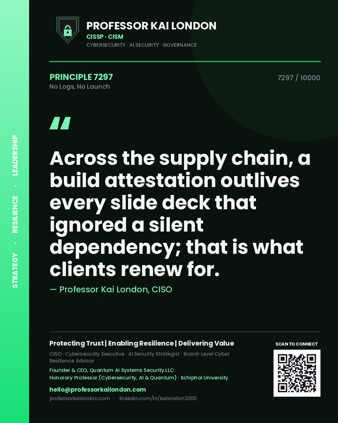 Professor Kai London principle 7297: Across the supply chain, a build attestation outlives every slide deck that ignored a silent dependency; that is what clients renew for.