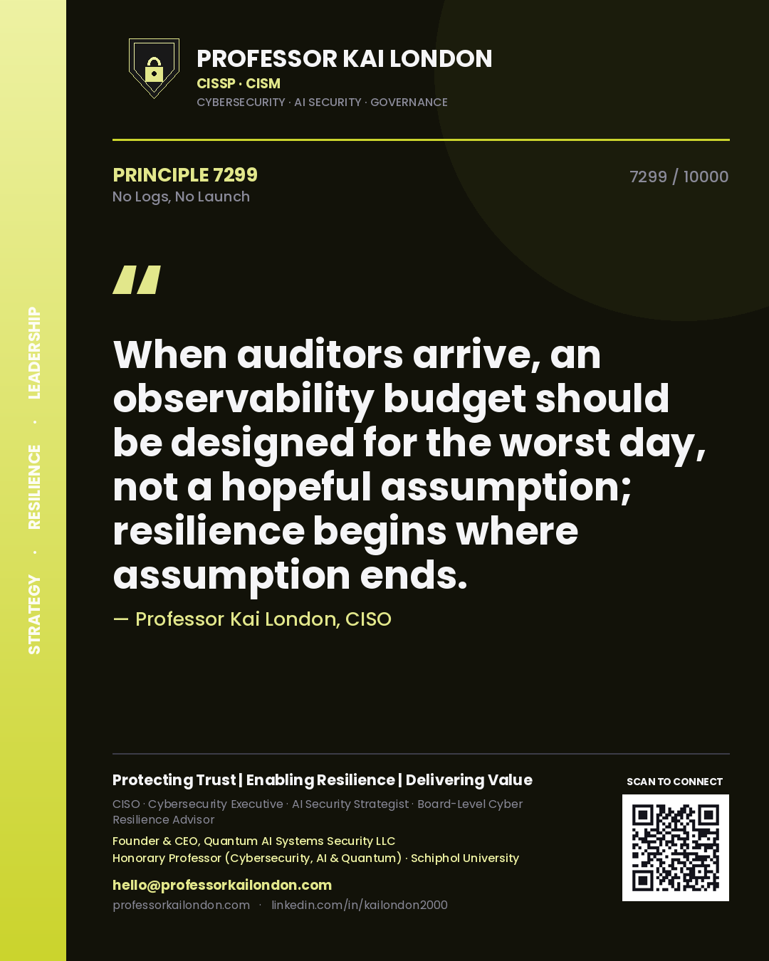 Professor Kai London principle 7299: When auditors arrive, an observability budget should be designed for the worst day, not a hopeful assumption; resilience begins where assumption ends.