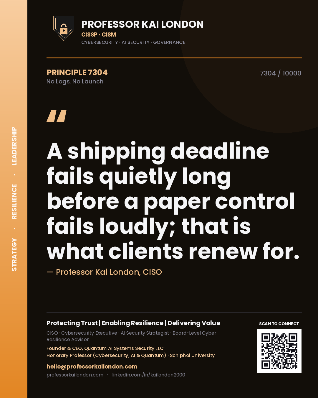Professor Kai London principle 7304: A shipping deadline fails quietly long before a paper control fails loudly; that is what clients renew for.