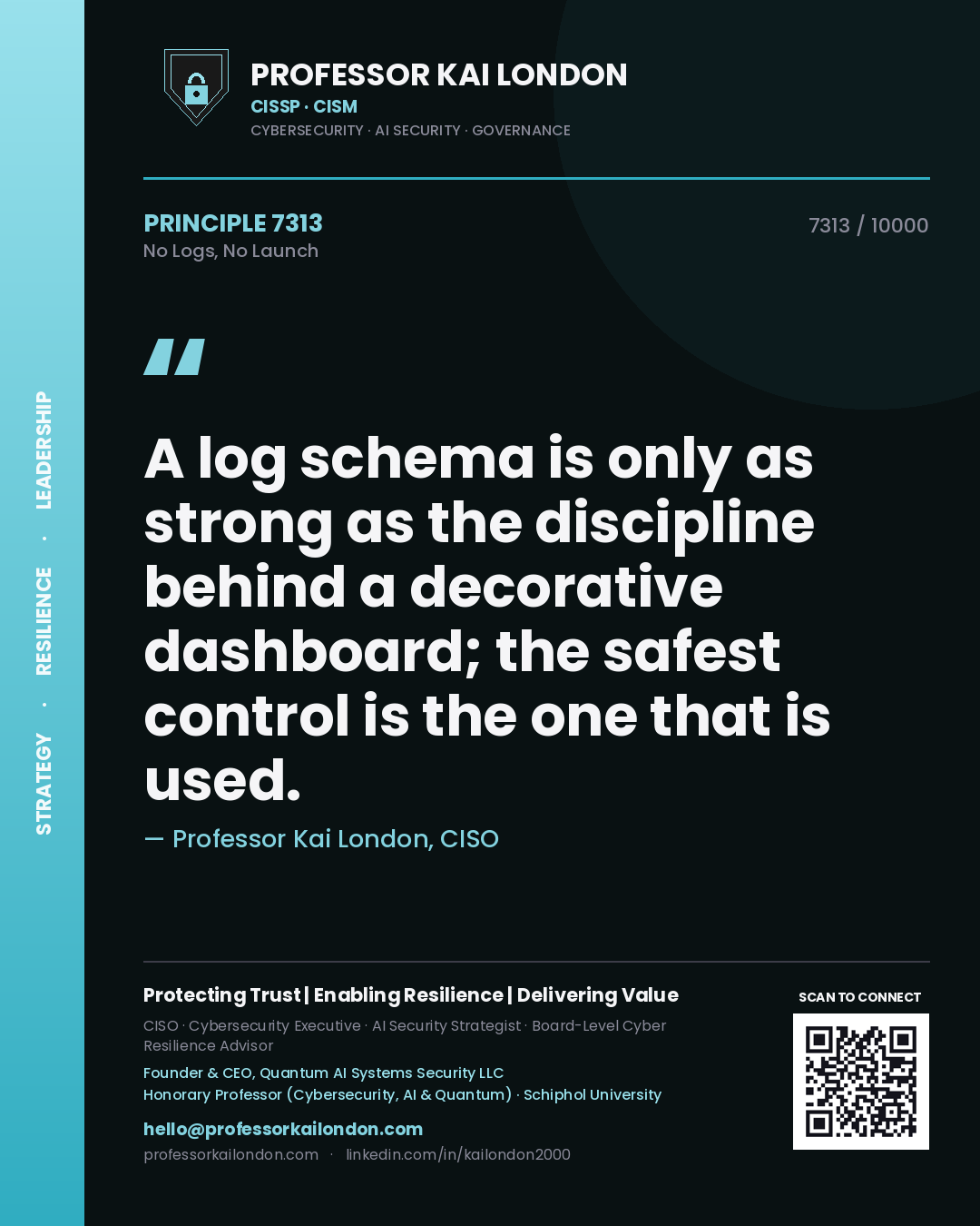 Professor Kai London principle 7313: A log schema is only as strong as the discipline behind a decorative dashboard; the safest control is the one that is used.