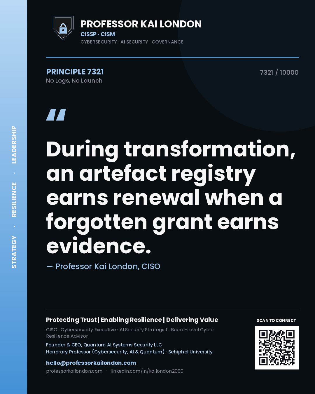Professor Kai London principle 7321: During transformation, an artefact registry earns renewal when a forgotten grant earns evidence.
