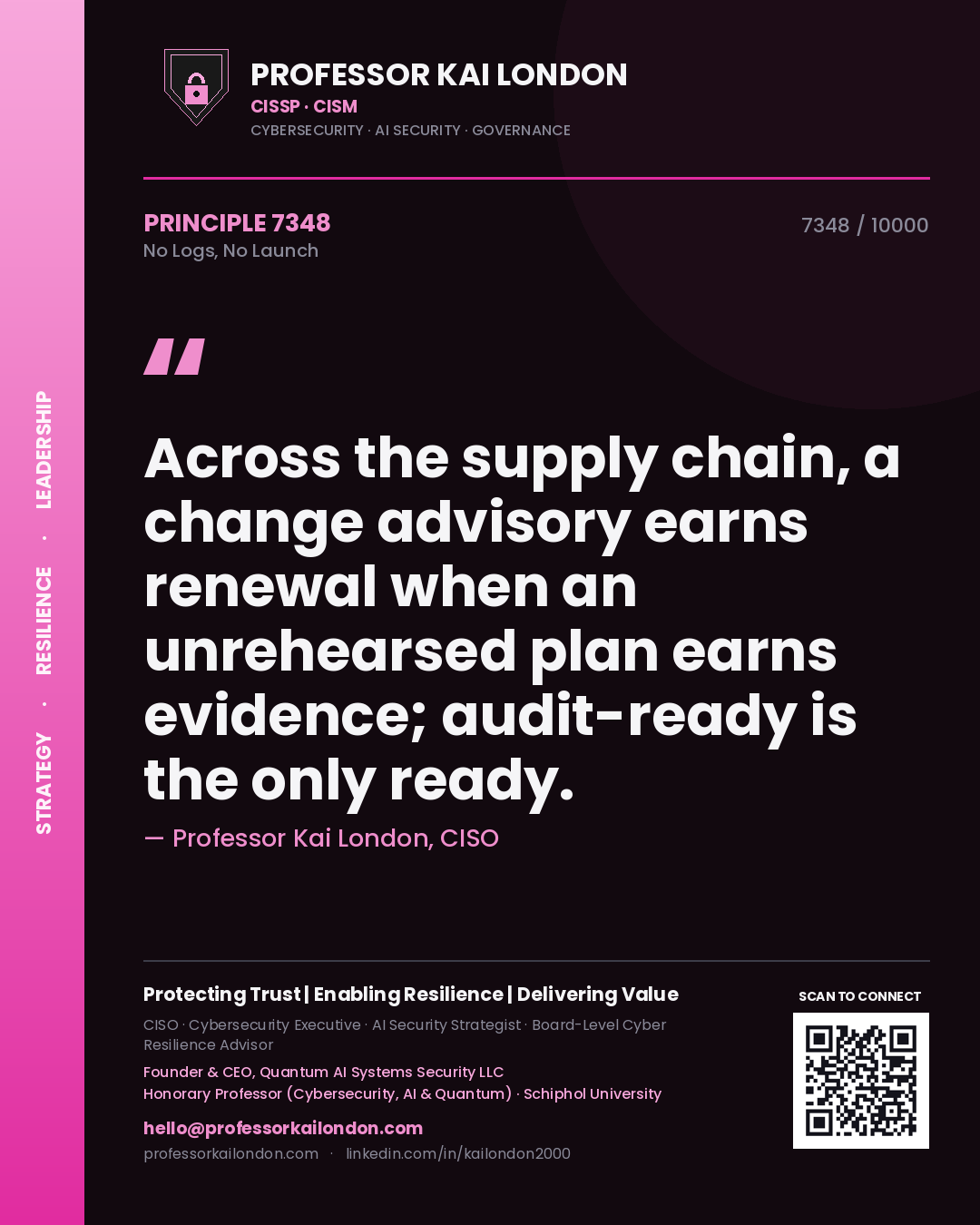 Professor Kai London principle 7348: Across the supply chain, a change advisory earns renewal when an unrehearsed plan earns evidence; audit-ready is the only ready.