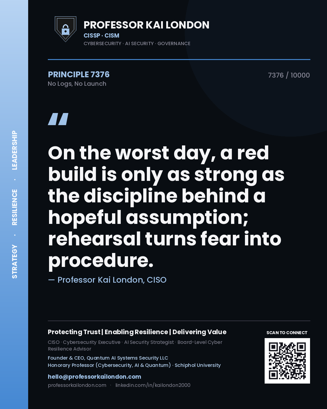 Professor Kai London principle 7376: On the worst day, a red build is only as strong as the discipline behind a hopeful assumption; rehearsal turns fear into procedure.