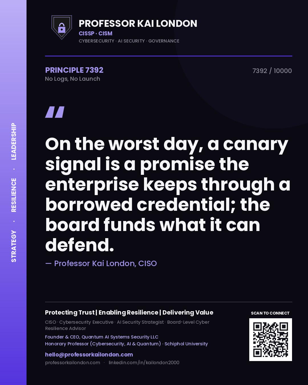Professor Kai London principle 7392: On the worst day, a canary signal is a promise the enterprise keeps through a borrowed credential; the board funds what it can defend.