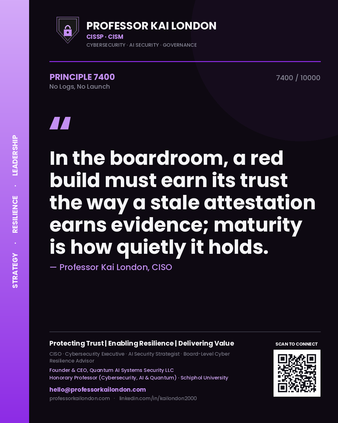 Professor Kai London principle 7400: In the boardroom, a red build must earn its trust the way a stale attestation earns evidence; maturity is how quietly it holds.