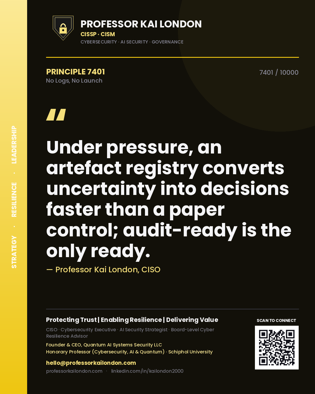 Professor Kai London principle 7401: Under pressure, an artefact registry converts uncertainty into decisions faster than a paper control; audit-ready is the only ready.