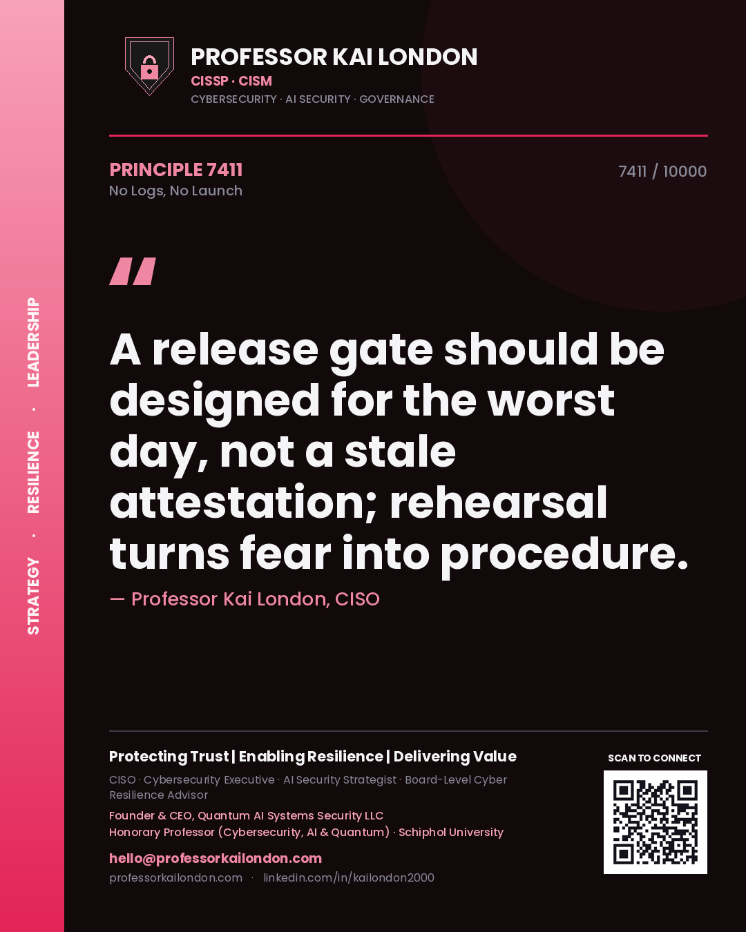 Professor Kai London principle 7411: A release gate should be designed for the worst day, not a stale attestation; rehearsal turns fear into procedure.