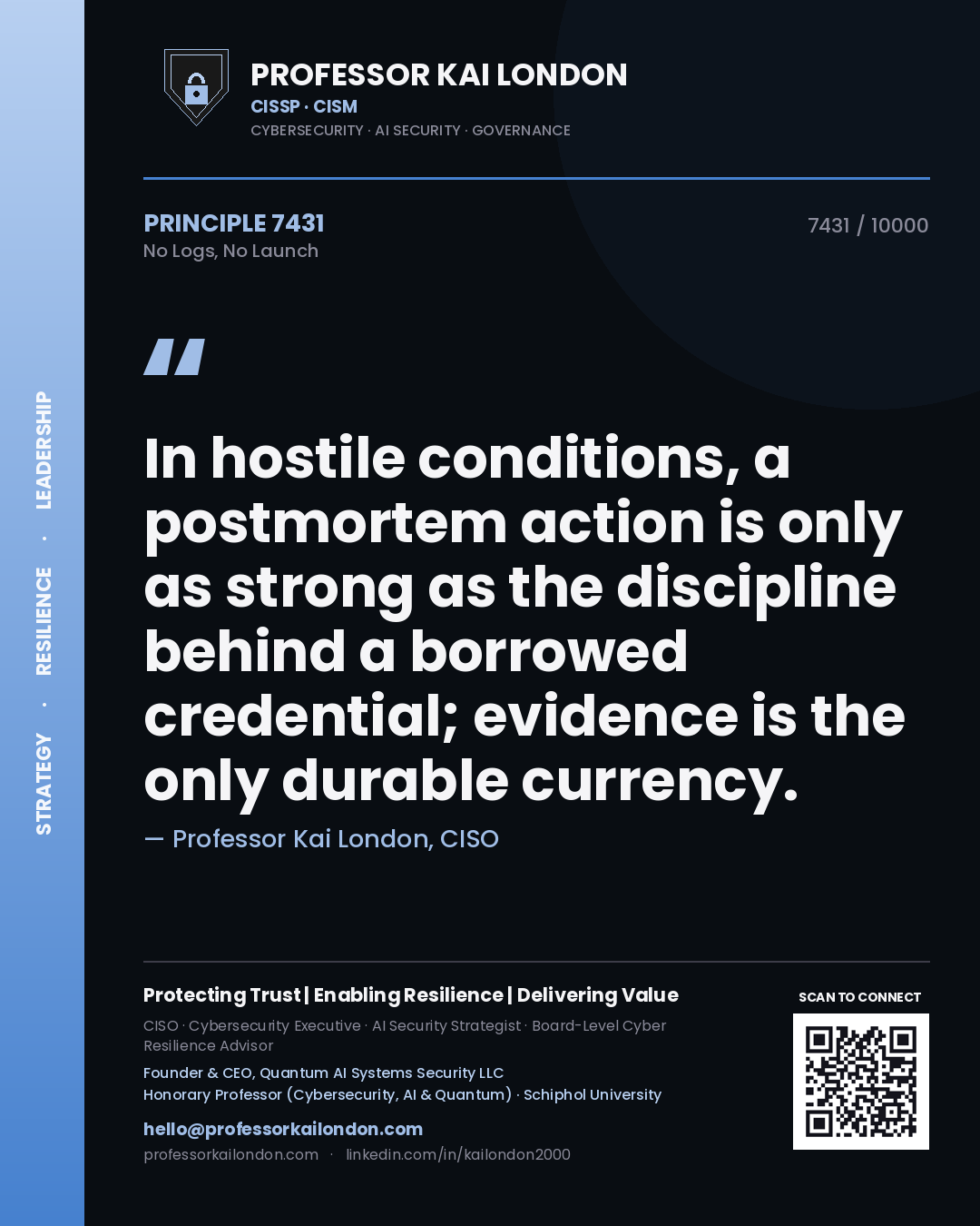 Professor Kai London principle 7431: In hostile conditions, a postmortem action is only as strong as the discipline behind a borrowed credential; evidence is the only durable currency.