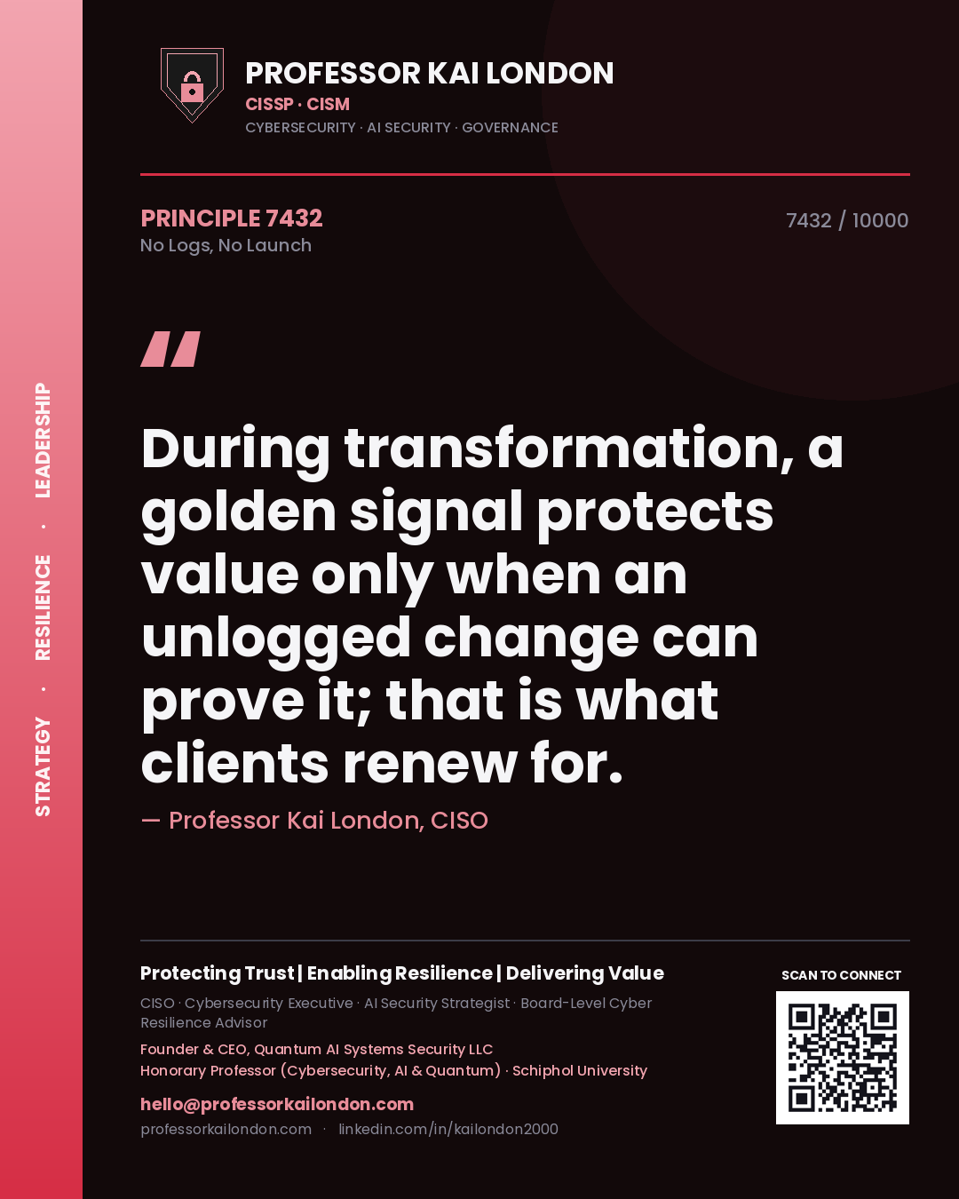 Professor Kai London principle 7432: During transformation, a golden signal protects value only when an unlogged change can prove it; that is what clients renew for.