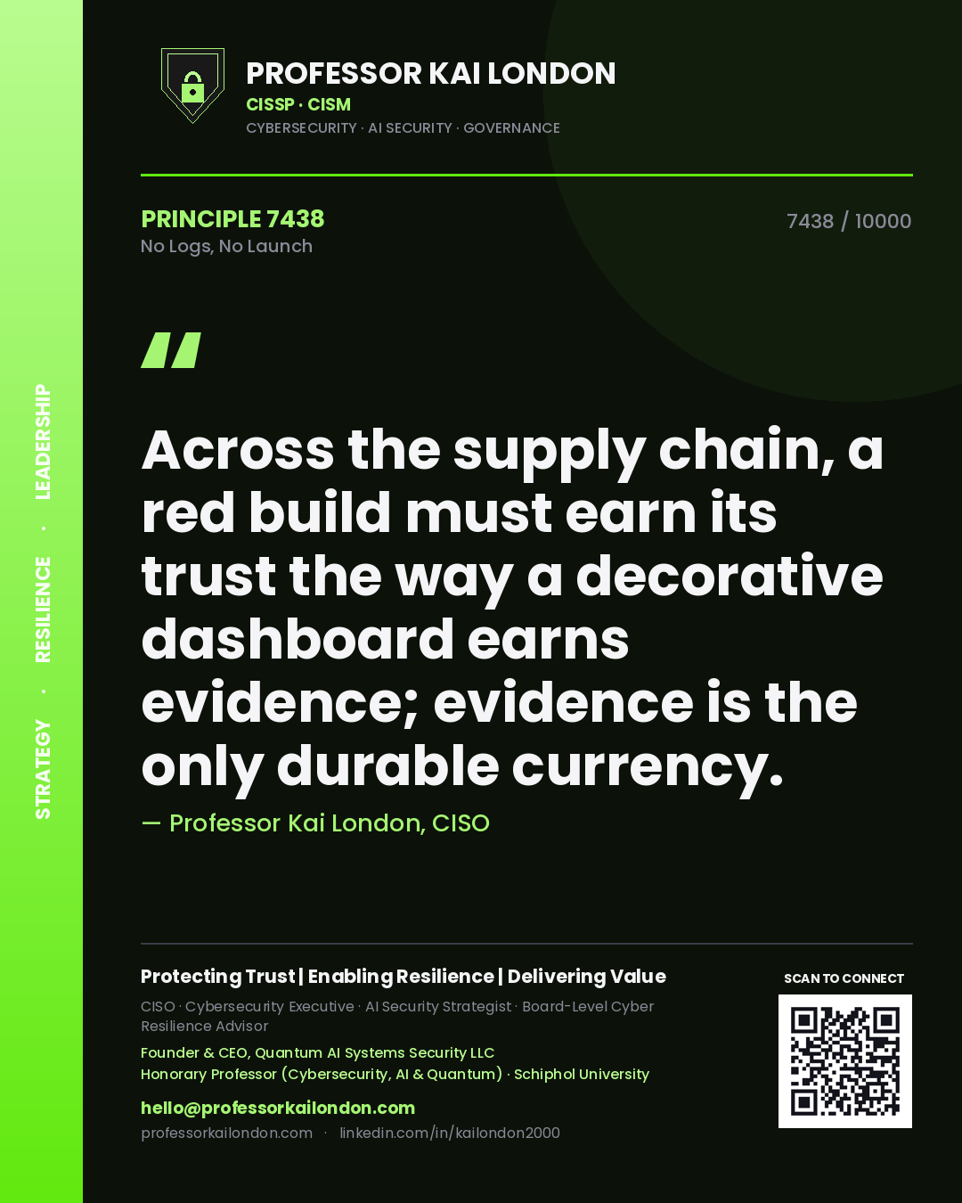 Professor Kai London principle 7438: Across the supply chain, a red build must earn its trust the way a decorative dashboard earns evidence; evidence is the only durable currency.