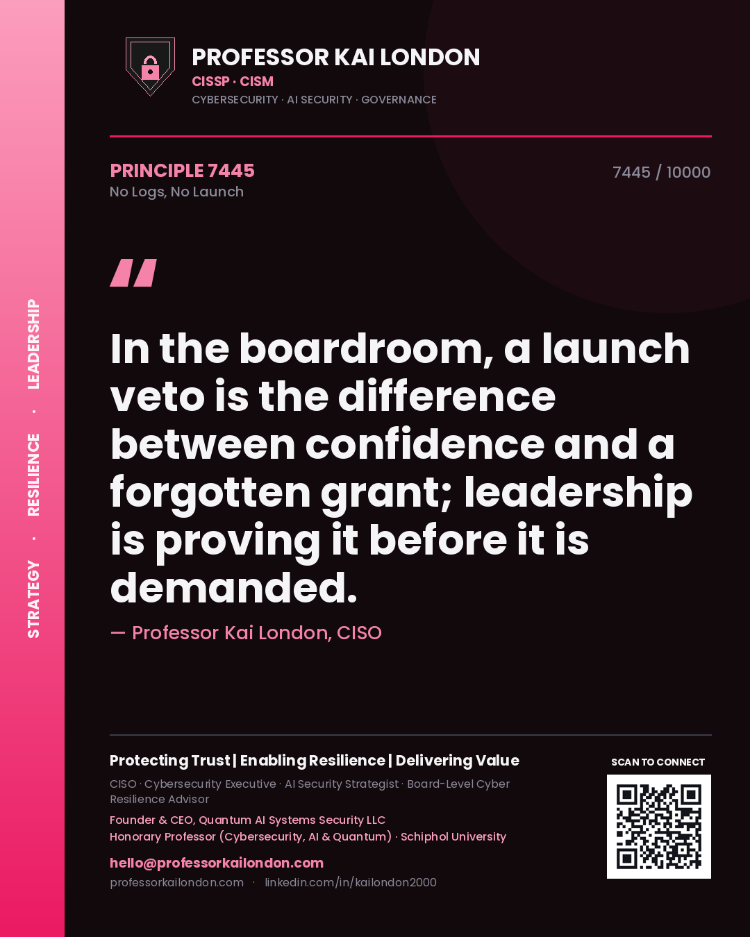 Professor Kai London principle 7445: In the boardroom, a launch veto is the difference between confidence and a forgotten grant; leadership is proving it before it is demanded.