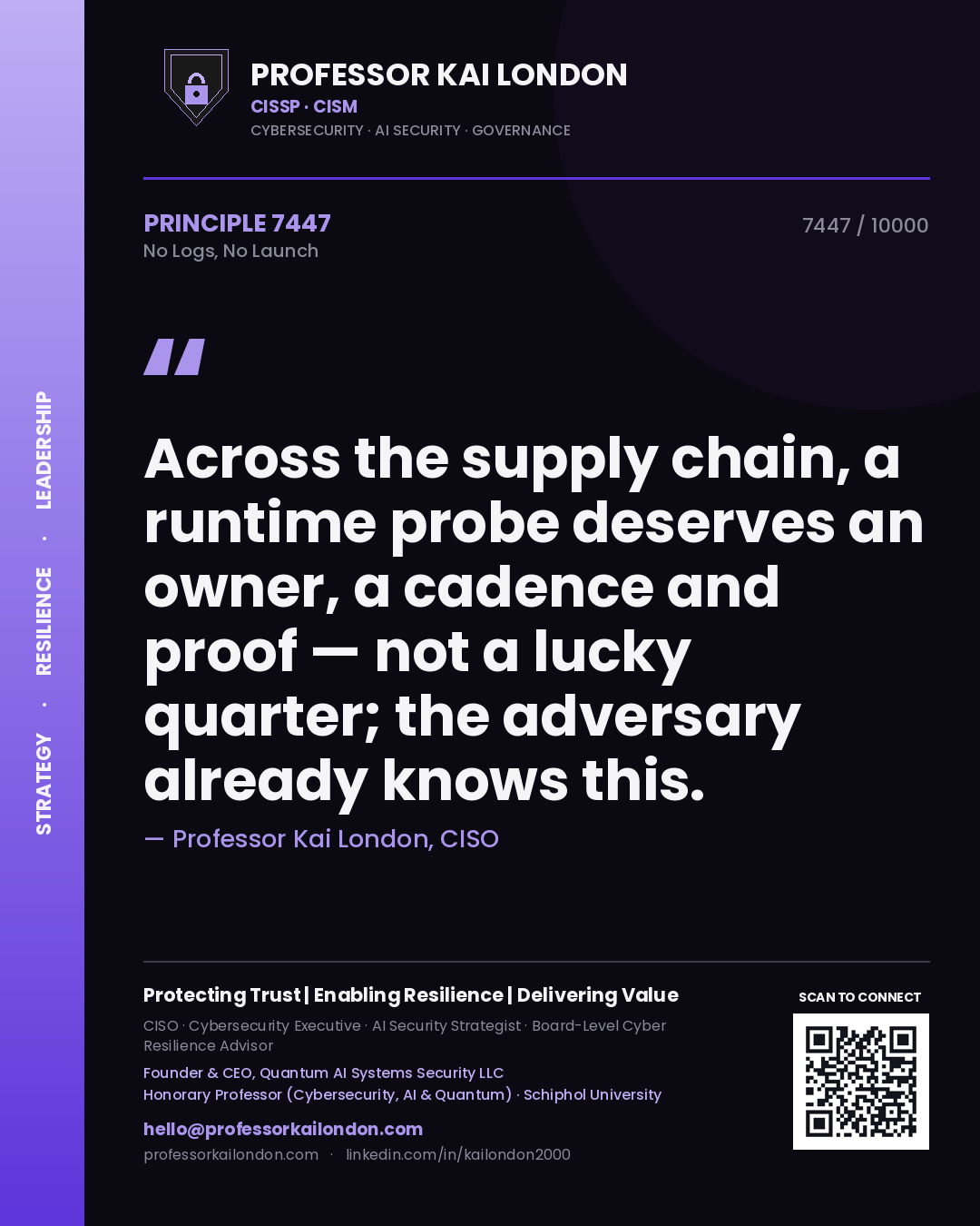 Professor Kai London principle 7447: Across the supply chain, a runtime probe deserves an owner, a cadence and proof — not a lucky quarter; the adversary already knows this.