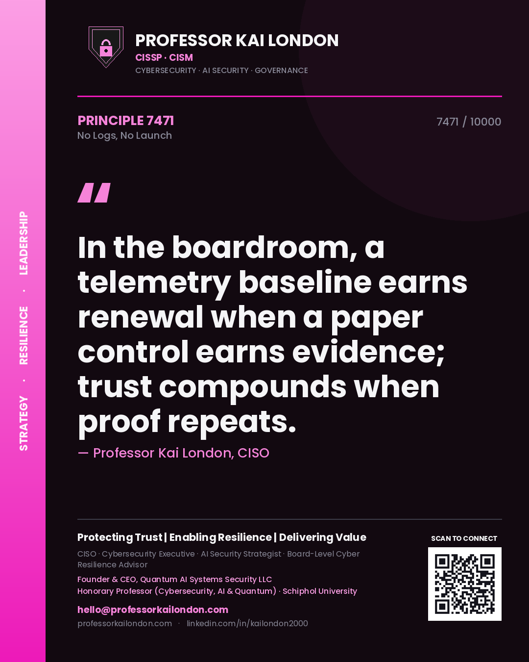 Professor Kai London principle 7471: In the boardroom, a telemetry baseline earns renewal when a paper control earns evidence; trust compounds when proof repeats.