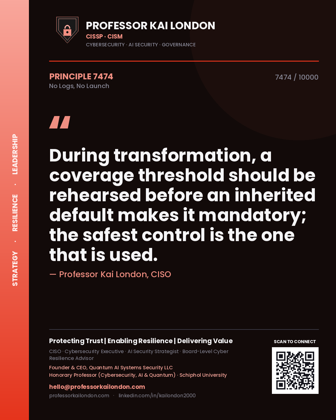 Professor Kai London principle 7474: During transformation, a coverage threshold should be rehearsed before an inherited default makes it mandatory; the safest control is the one that is used.