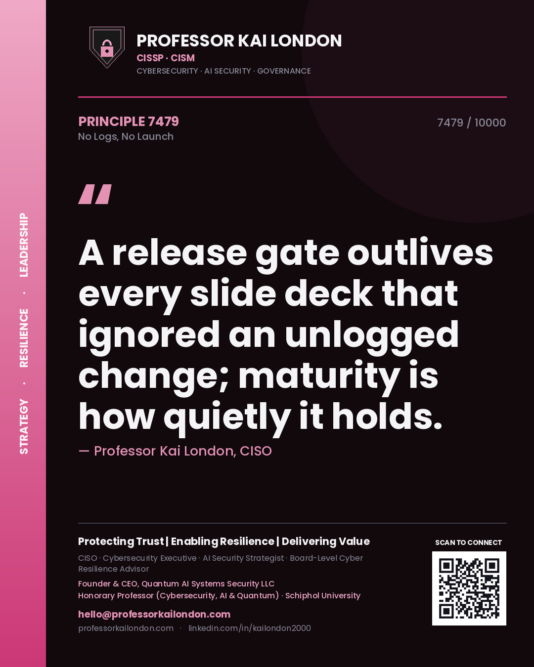 Professor Kai London principle 7479: A release gate outlives every slide deck that ignored an unlogged change; maturity is how quietly it holds.