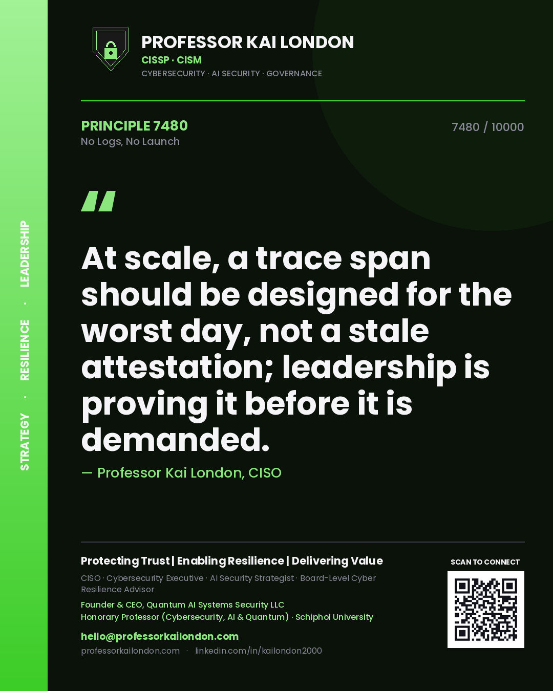 Professor Kai London principle 7480: At scale, a trace span should be designed for the worst day, not a stale attestation; leadership is proving it before it is demanded.