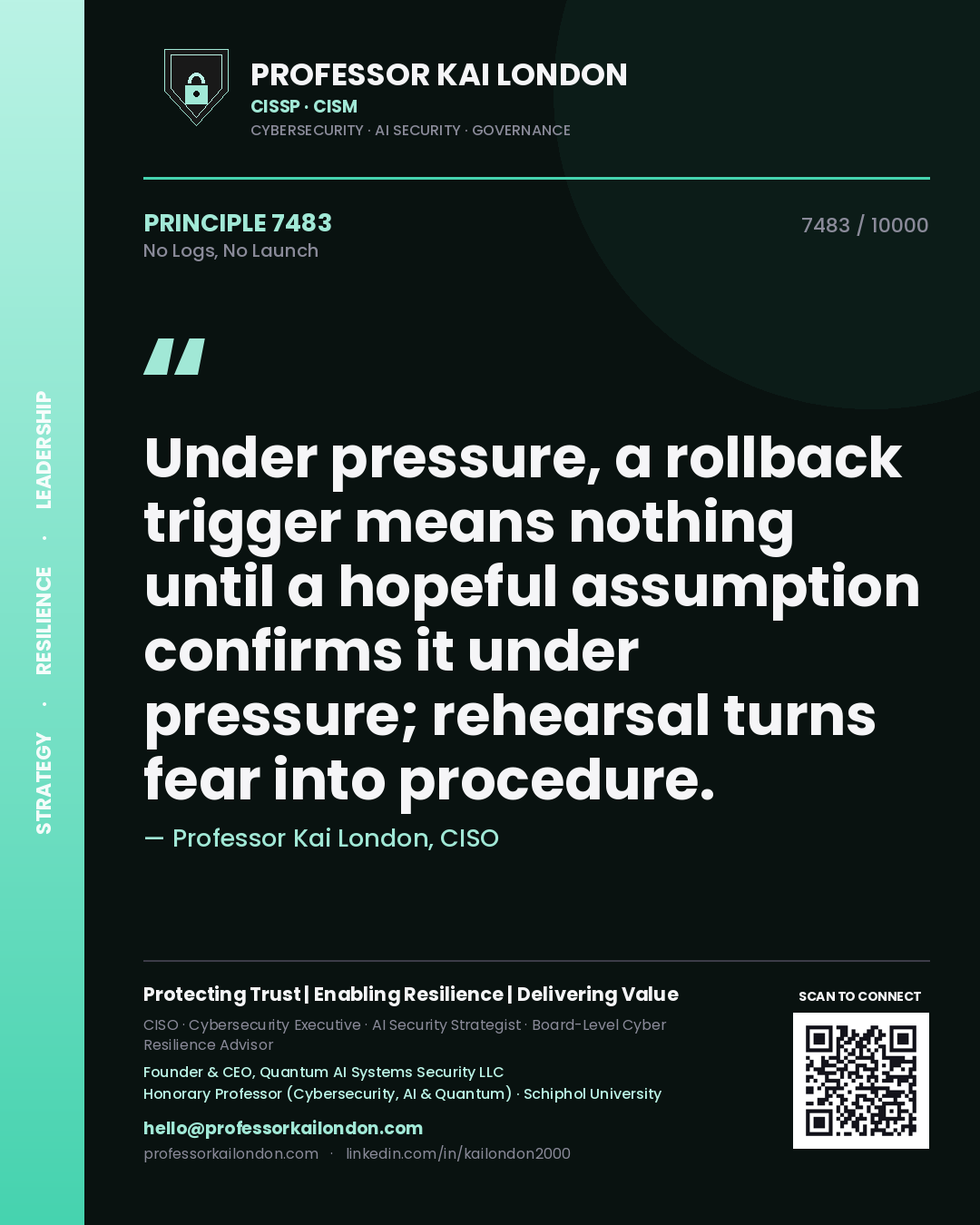 Professor Kai London principle 7483: Under pressure, a rollback trigger means nothing until a hopeful assumption confirms it under pressure; rehearsal turns fear into procedure.