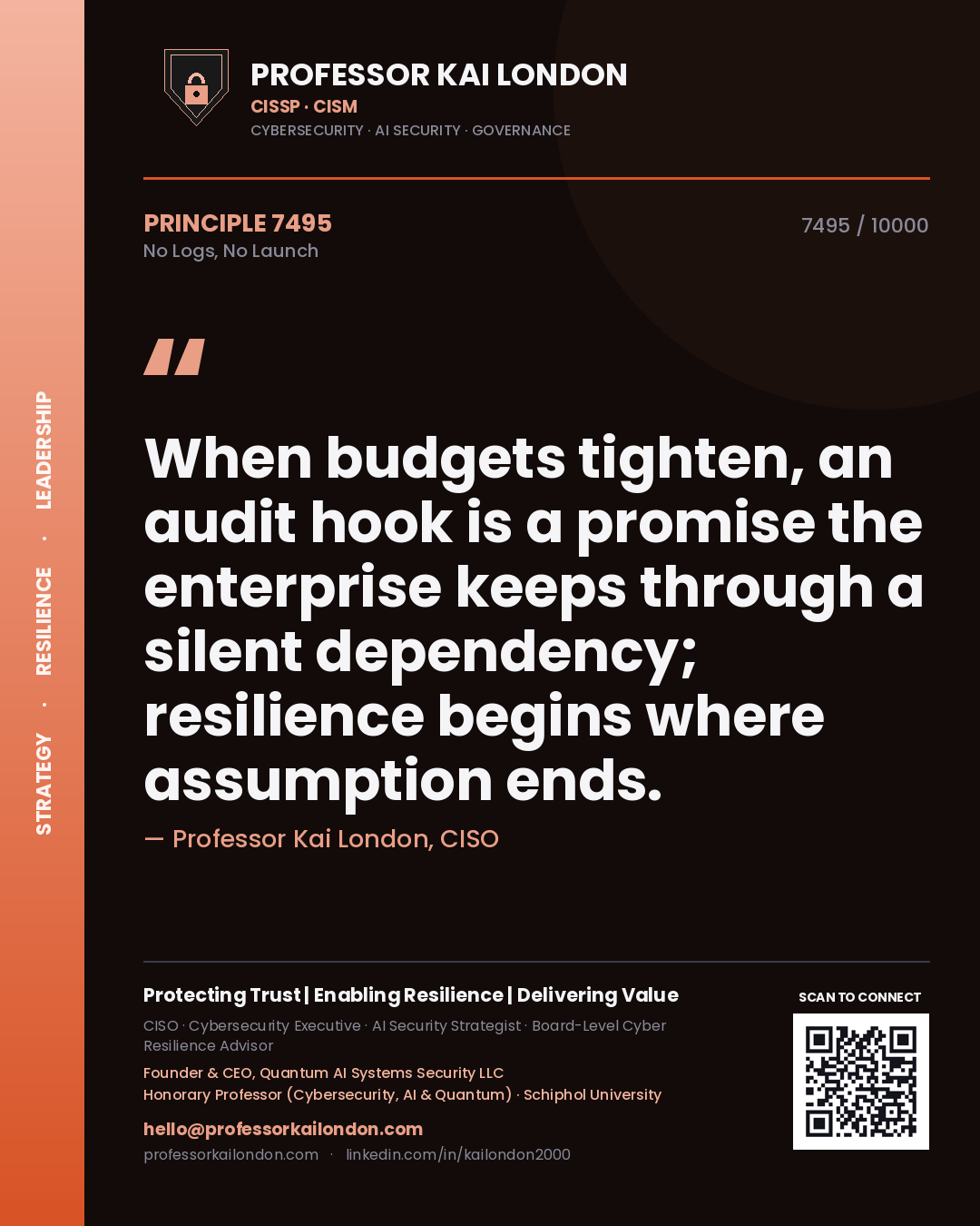 Professor Kai London principle 7495: When budgets tighten, an audit hook is a promise the enterprise keeps through a silent dependency; resilience begins where assumption ends.