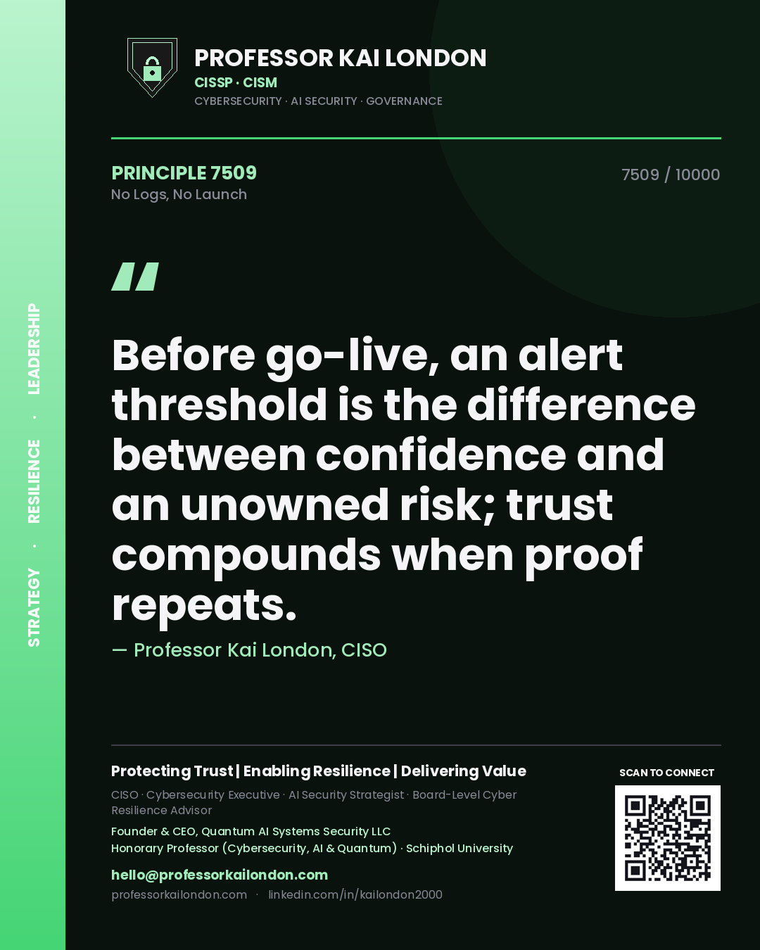 Professor Kai London principle 7509: Before go-live, an alert threshold is the difference between confidence and an unowned risk; trust compounds when proof repeats.