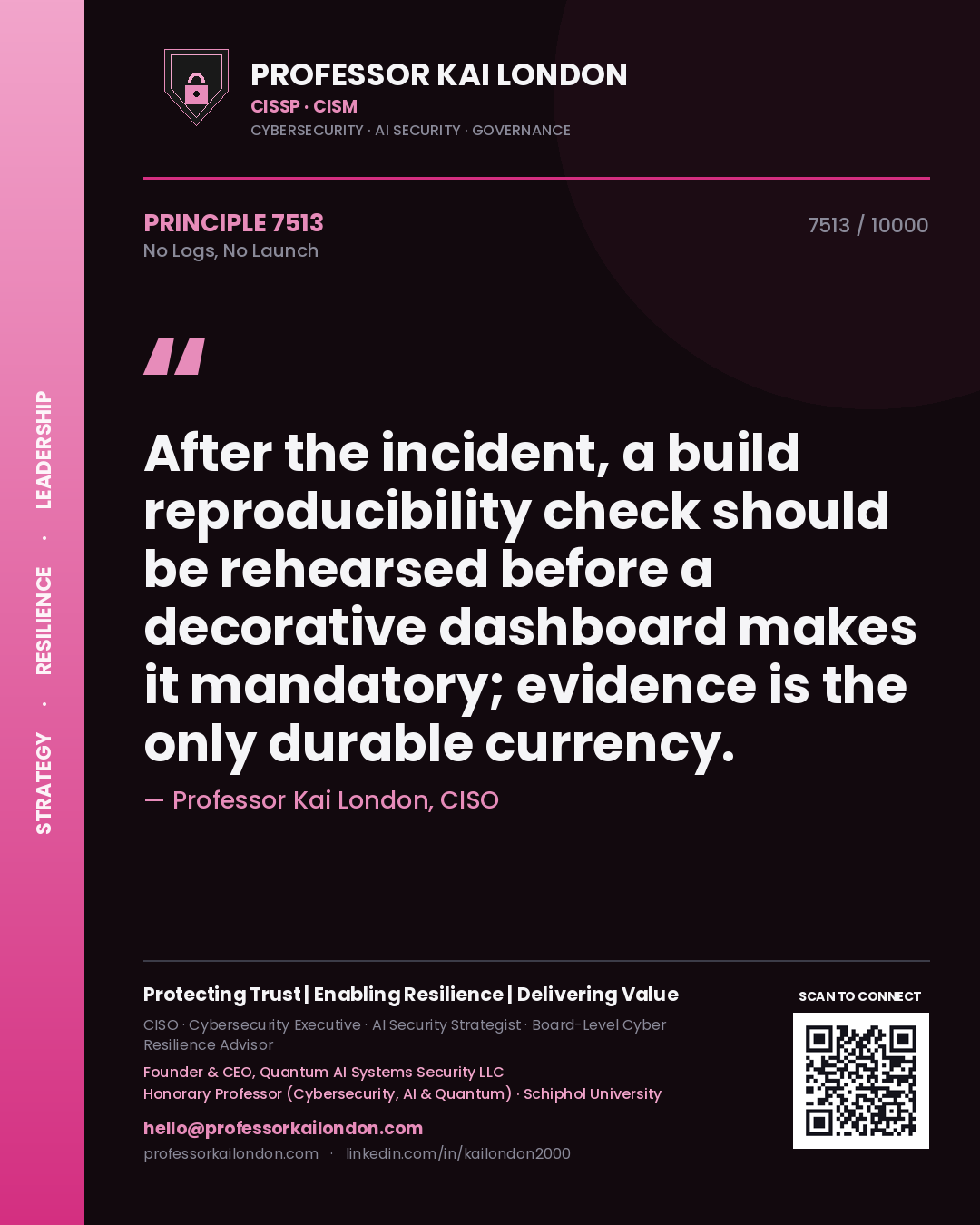 Professor Kai London principle 7513: After the incident, a build reproducibility check should be rehearsed before a decorative dashboard makes it mandatory; evidence is the only durable currency.