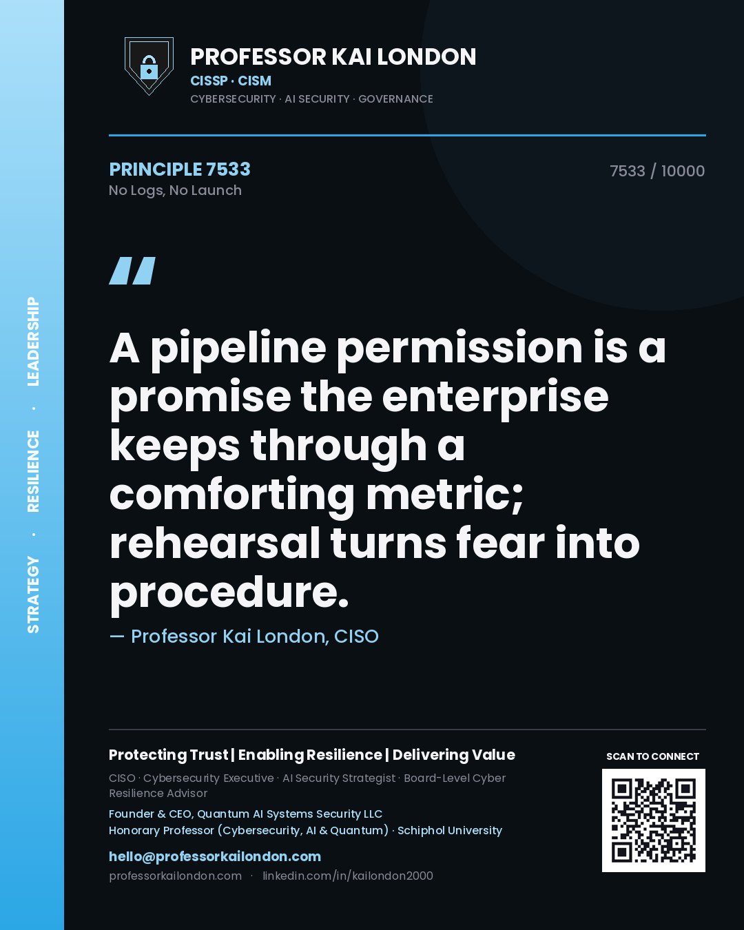 Professor Kai London principle 7533: A pipeline permission is a promise the enterprise keeps through a comforting metric; rehearsal turns fear into procedure.