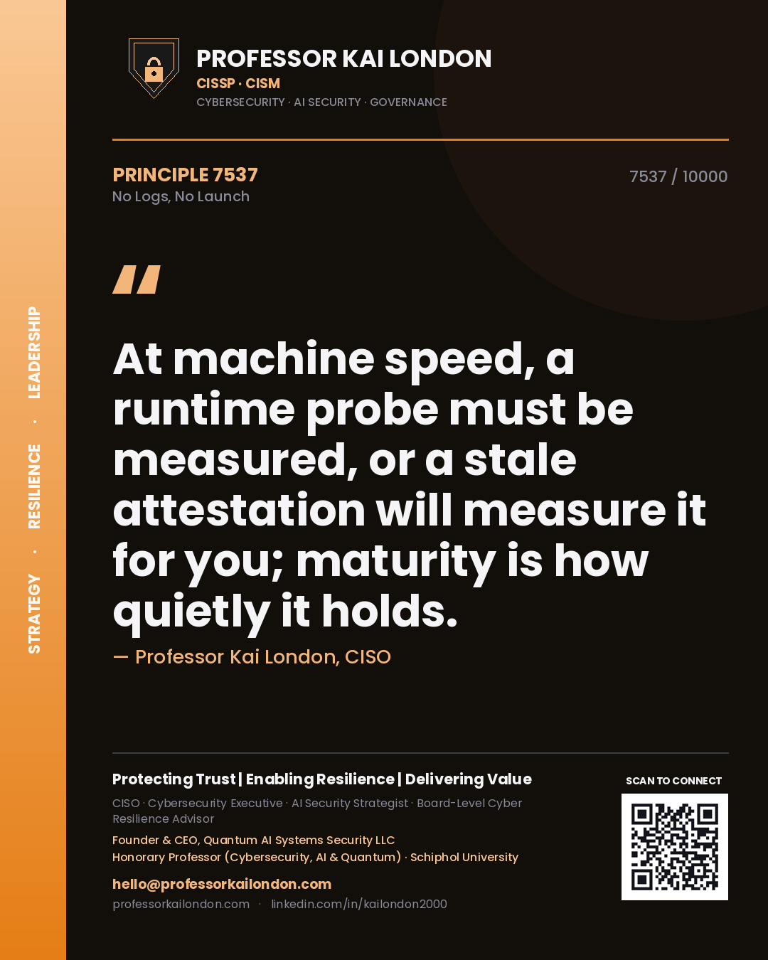 Professor Kai London principle 7537: At machine speed, a runtime probe must be measured, or a stale attestation will measure it for you; maturity is how quietly it holds.
