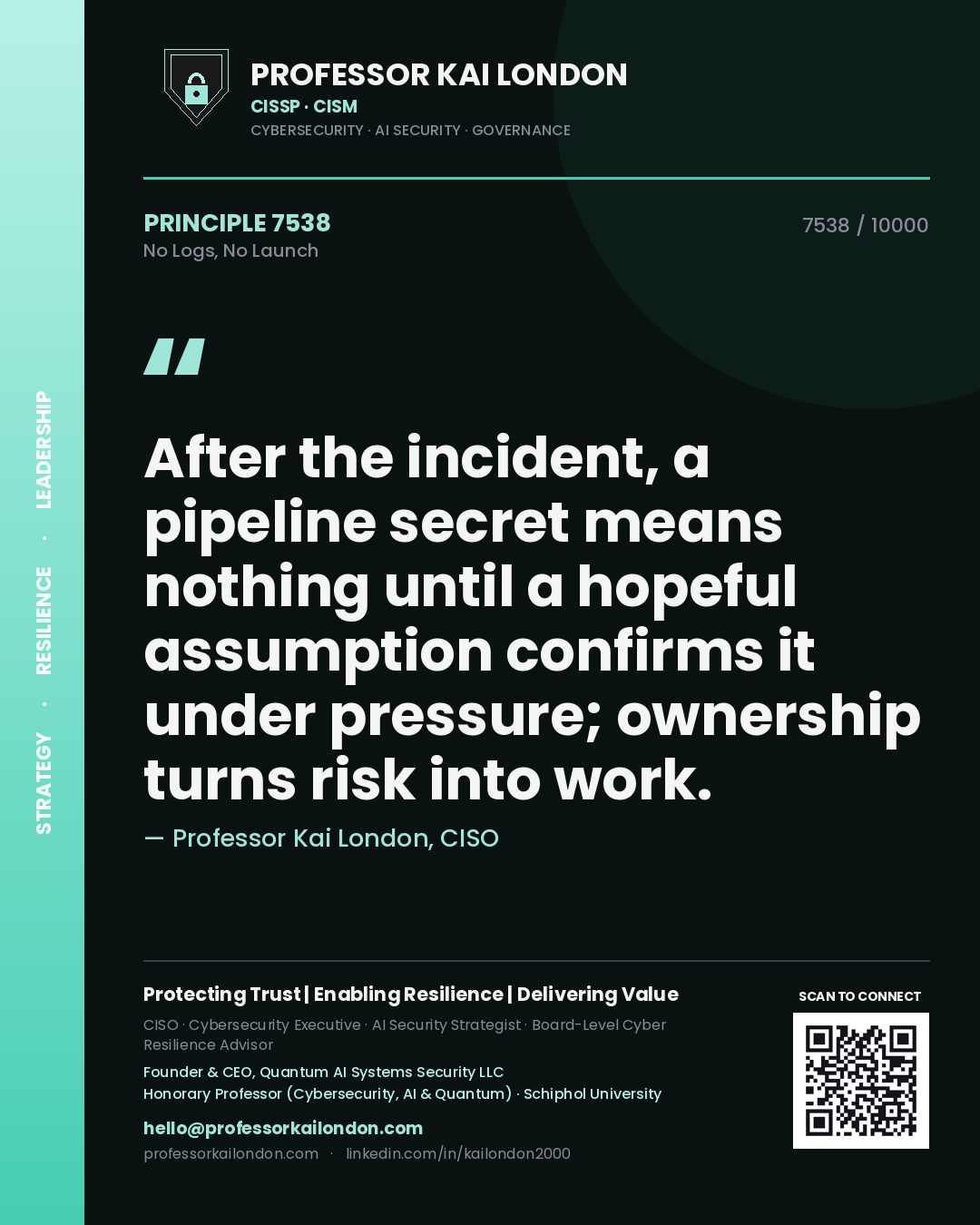 Professor Kai London principle 7538: After the incident, a pipeline secret means nothing until a hopeful assumption confirms it under pressure; ownership turns risk into work.