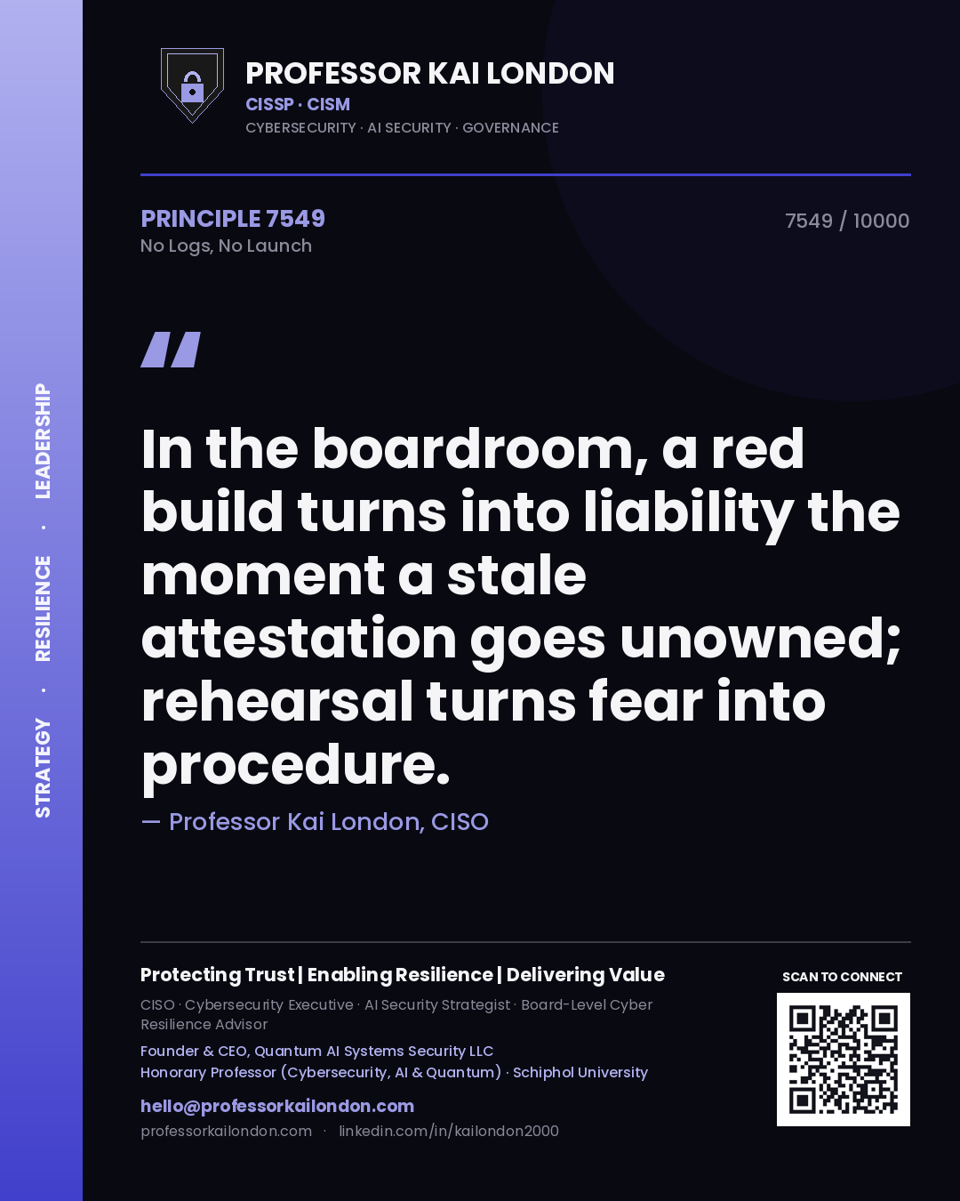 Professor Kai London principle 7549: In the boardroom, a red build turns into liability the moment a stale attestation goes unowned; rehearsal turns fear into procedure.
