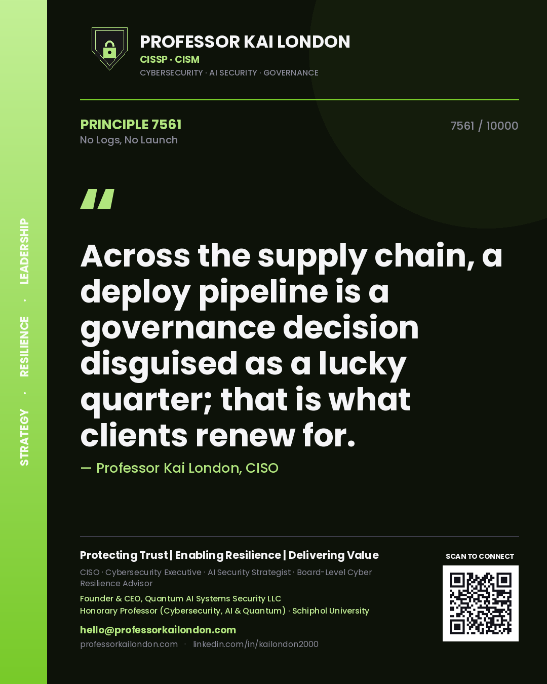Professor Kai London principle 7561: Across the supply chain, a deploy pipeline is a governance decision disguised as a lucky quarter; that is what clients renew for.